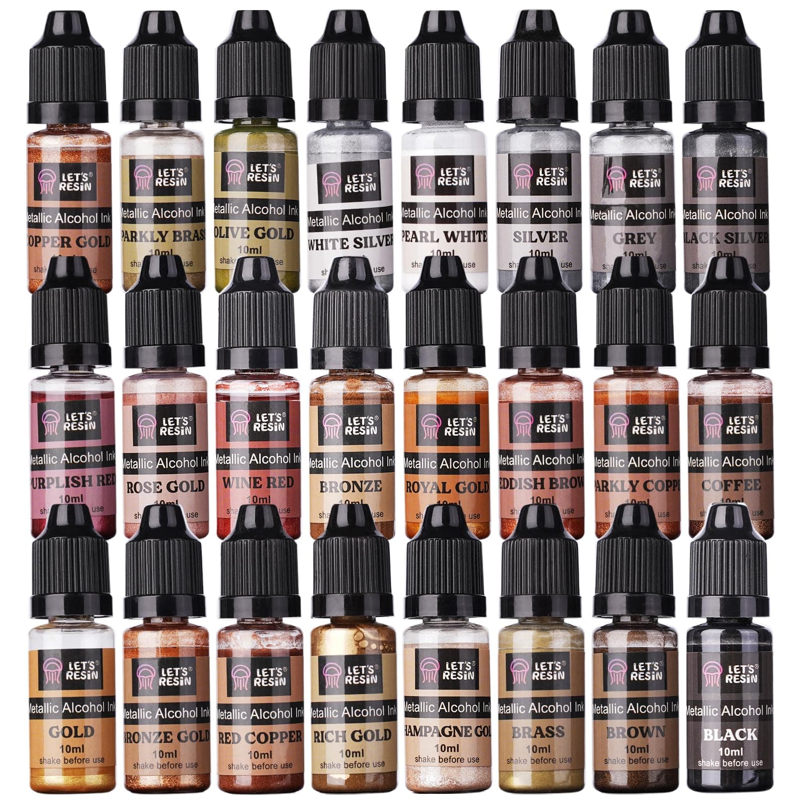 Metallic Alcohol Ink Set-24 Colors Metal Color Alcohol Based Resin Ink, High Concentrated & Shimmer Mixatives, Alcohol Paint for Epoxy Resin, Resin Petri, Tumblers, Coasters(Each 0.35oz)