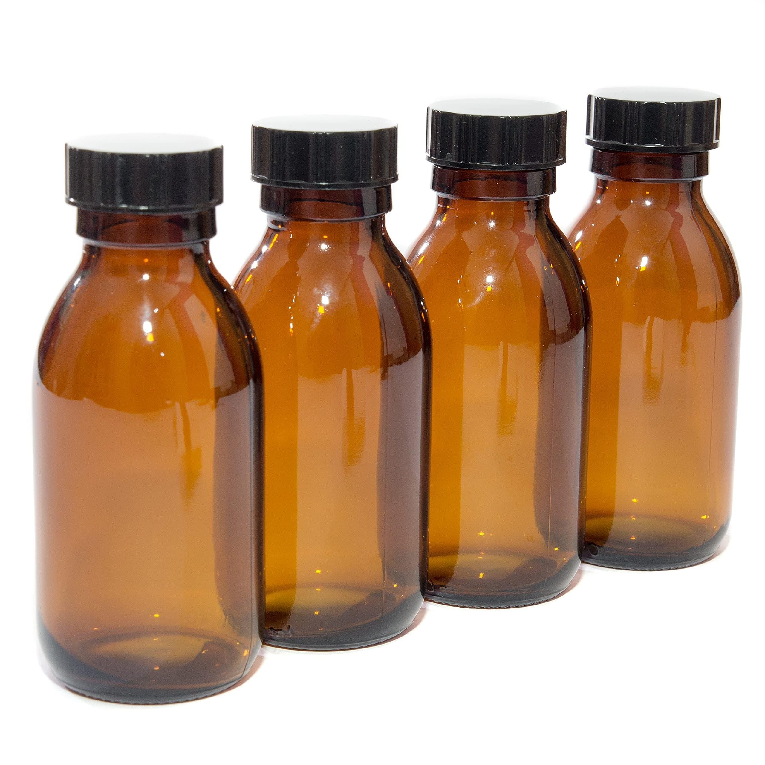 Aura 100ml AMBER GLASS Bottles with BLACK Lids - PACK of 4