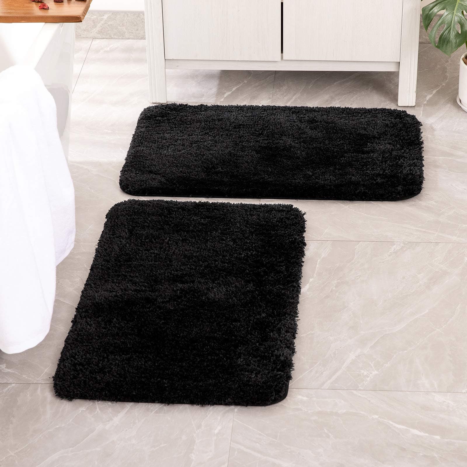 Black Bathroom Rugs Set 2 Piece, Soft Absorbent Microfiber Bath Mat Set, Non Slip Quick Dry Machine Washable Plush Shaggy Bath Rugs for Bathroom Floor, Tub and Shower, 16x24 inches