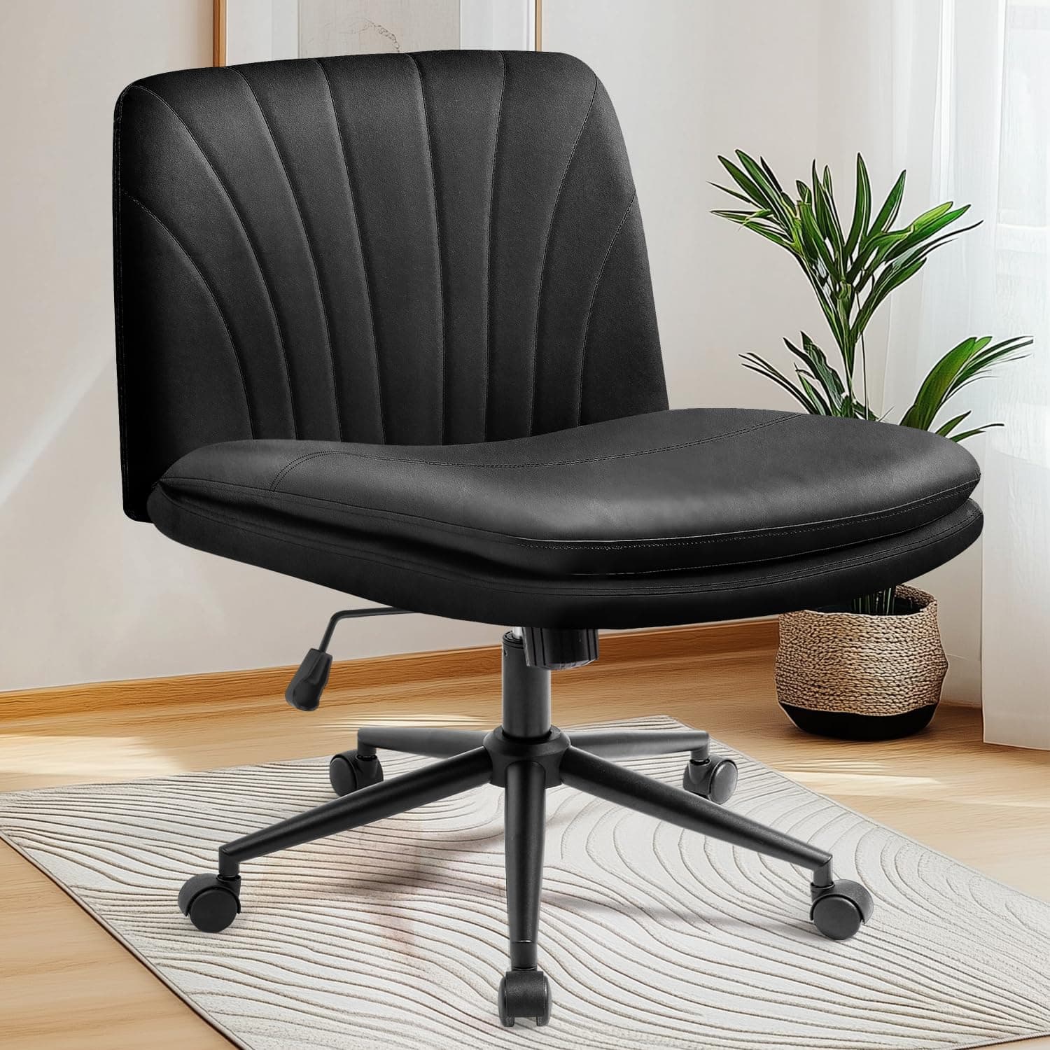 NEO Chair Criss Cross Chair with Wheels Armless Cross Legged Office Desk Wide Comfy Vanity Makeup Chair Adjustable Swivel Rolling Computer for Home Office PU Leather (Black)