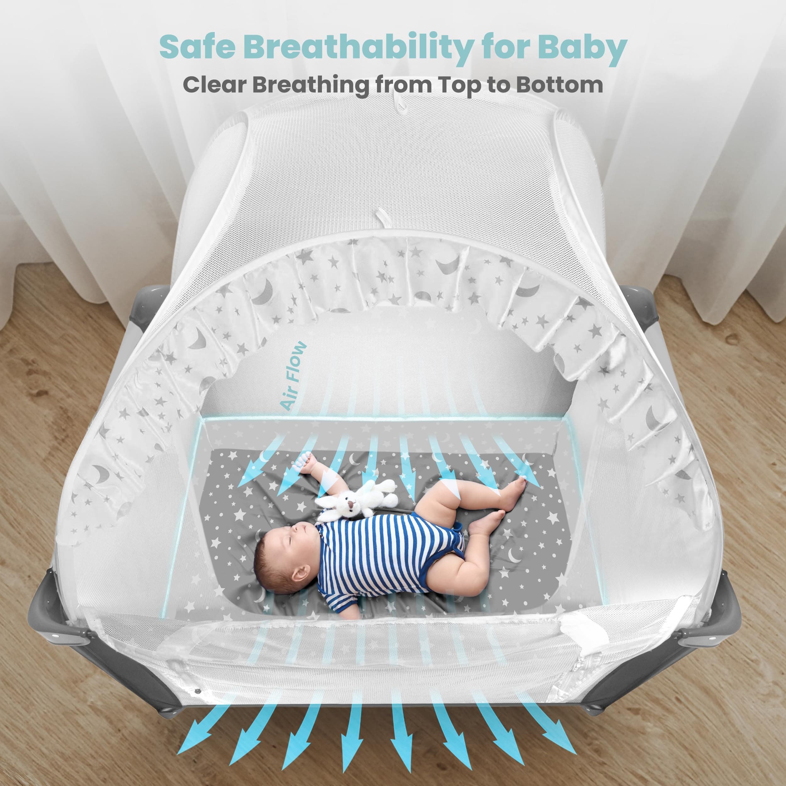 Premium Pack n Play Tent, Mini Crib Tent to Keep Baby from Climbing Out, Auto Pop Up Pack and Play Tent with Auto-Lock Zippers, Thick Velvety Breathable Mesh (Stars & Moons - Ruffles)