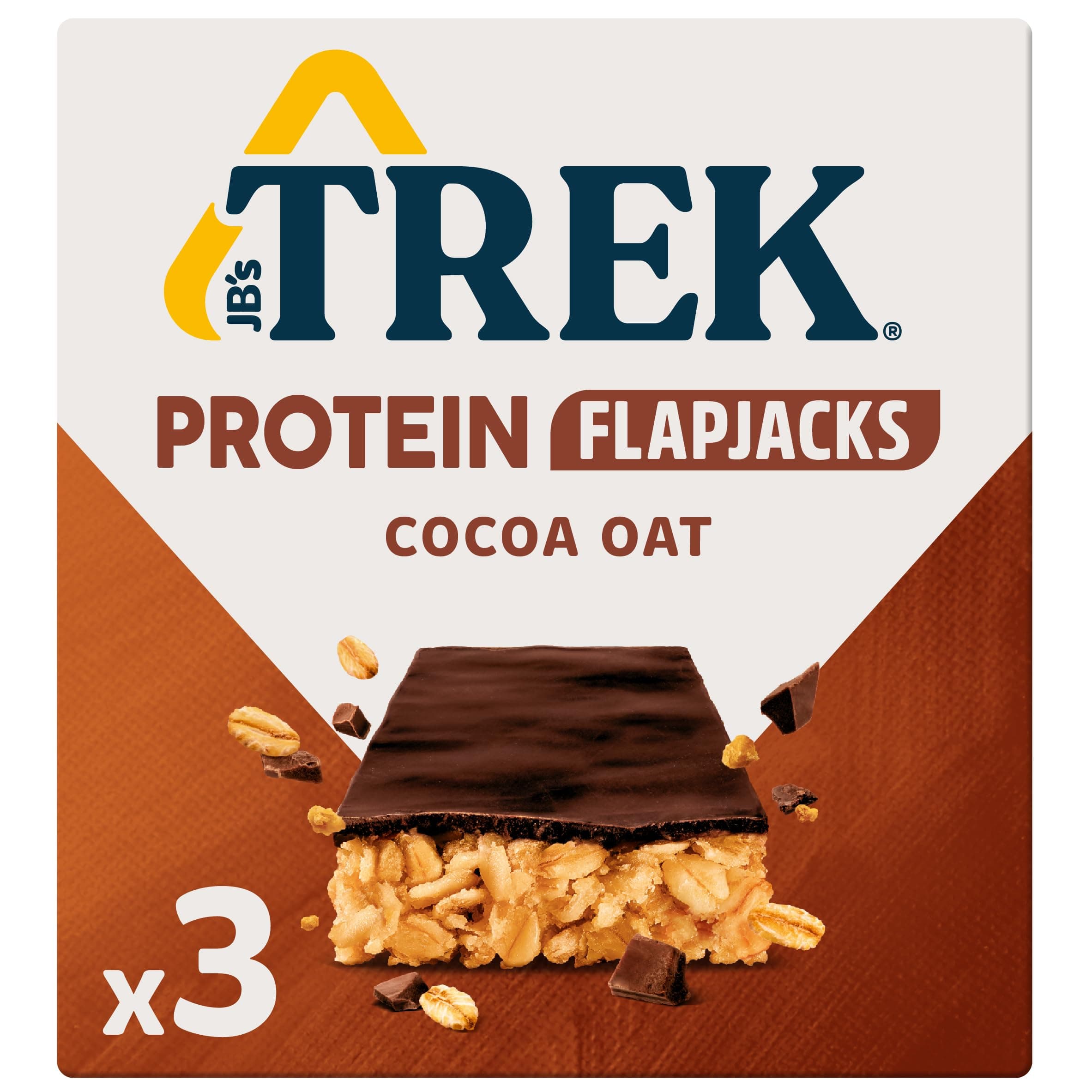 TREK High Protein Flapjack Cocoa Oat - Gluten Free - Plant Based - Vegan Snack - 50g x 3 bars