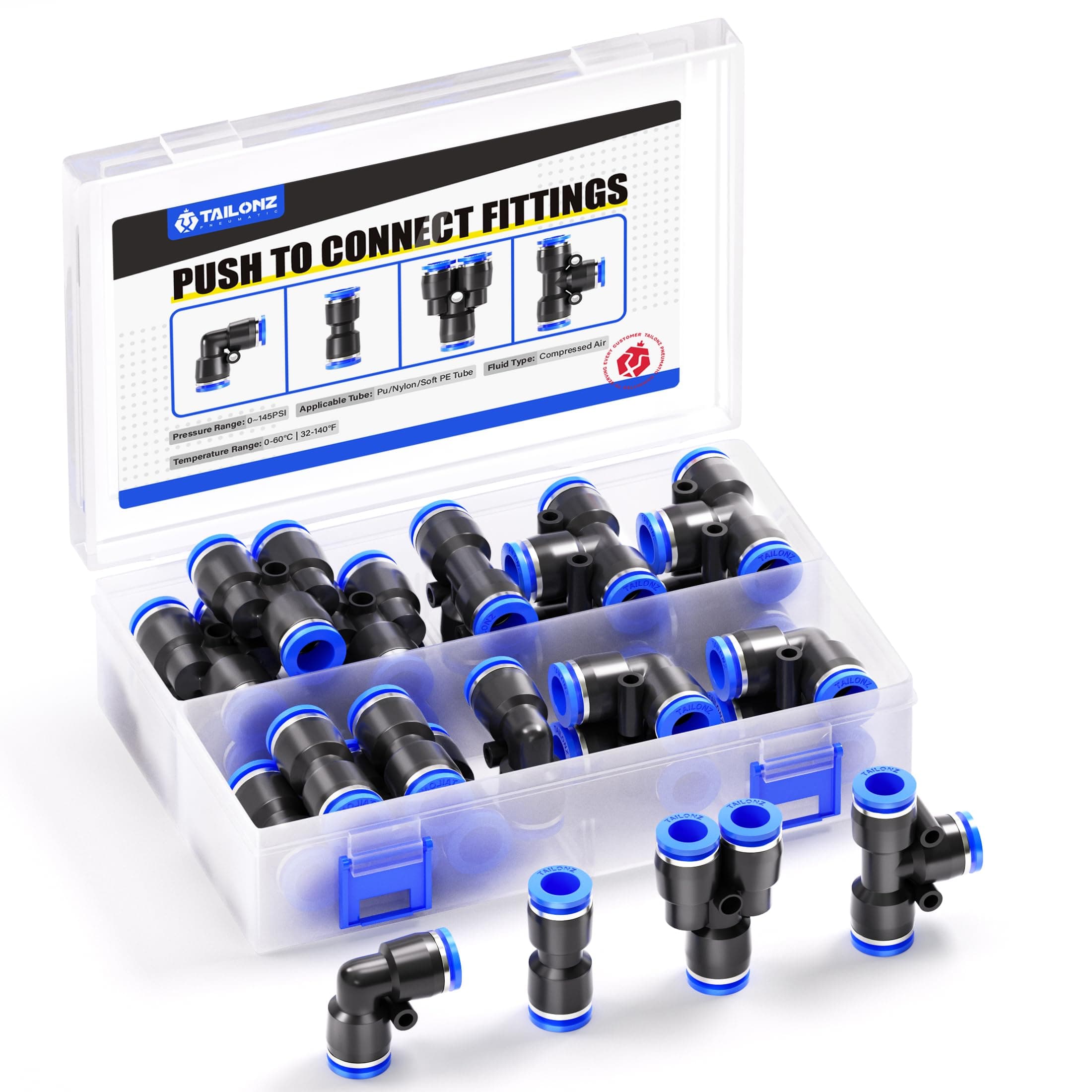 10mm od Push to Connect Fittings Pneumatic Fittings Kit 5 Spliters+5 Elbows+5 tee+5 Straight (20 pcs)