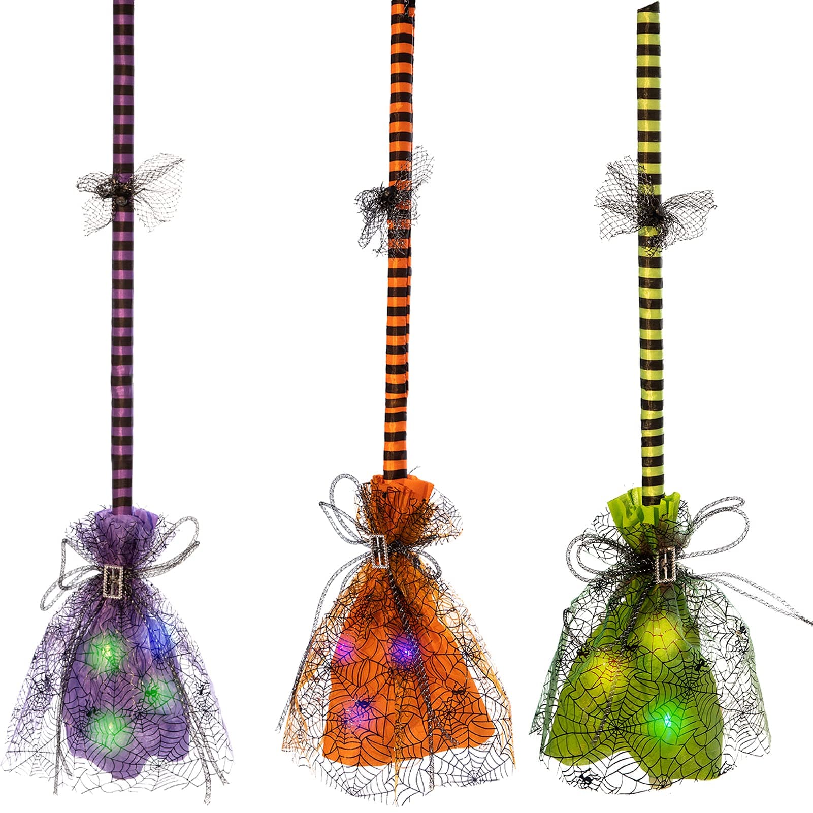 HOLLO STAR 3 Pack Halloween Light Up Hanging Witch Broom, Mesh and Plastic Broomstick Decorations for Cosplay Party Props Decor Costume Decoration, Green Orange Purple