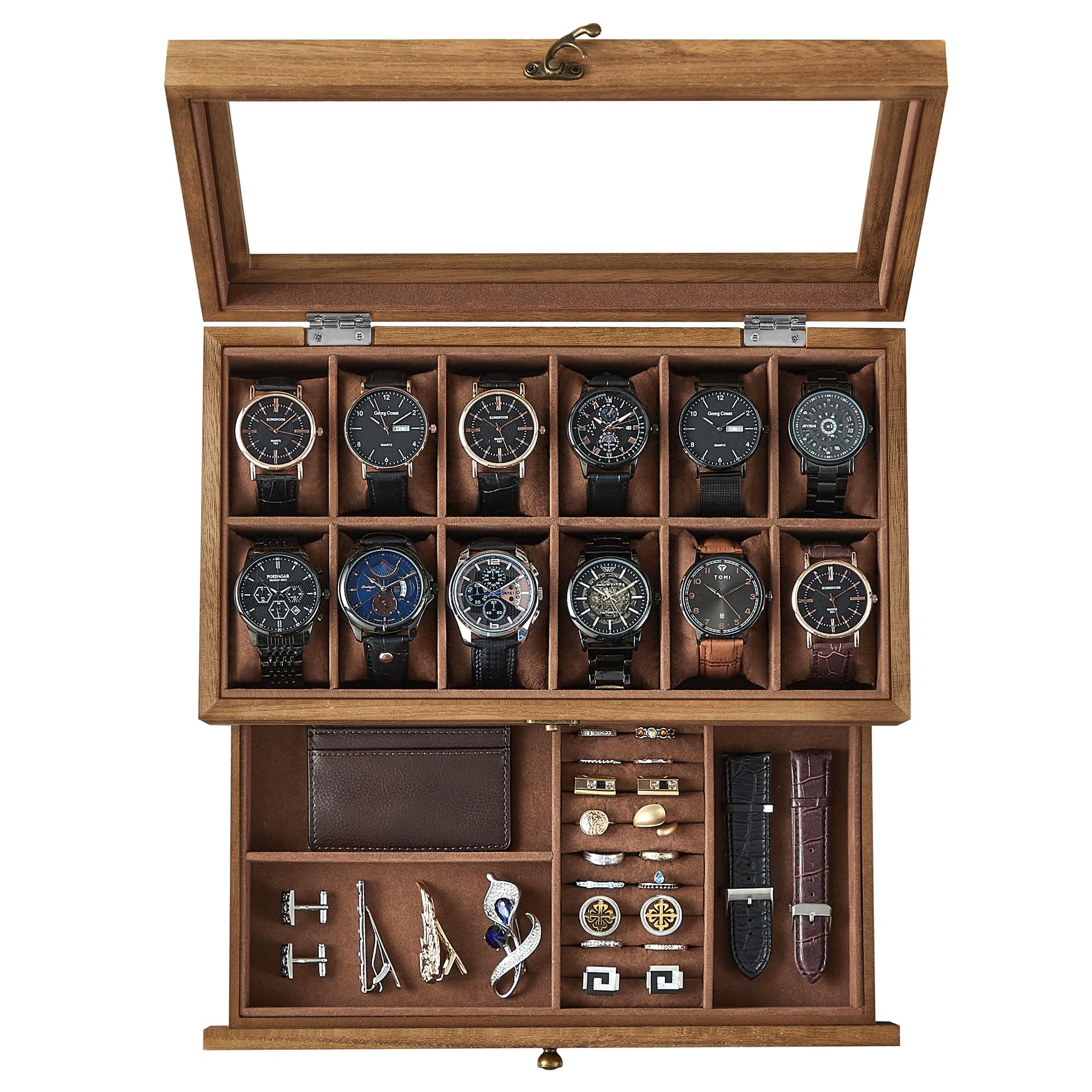 SONGMICS 12-Slot Watch Box, 2-Tier Watch Display Case with Large Glass Lid, Rustic Walnut UJOW012K01