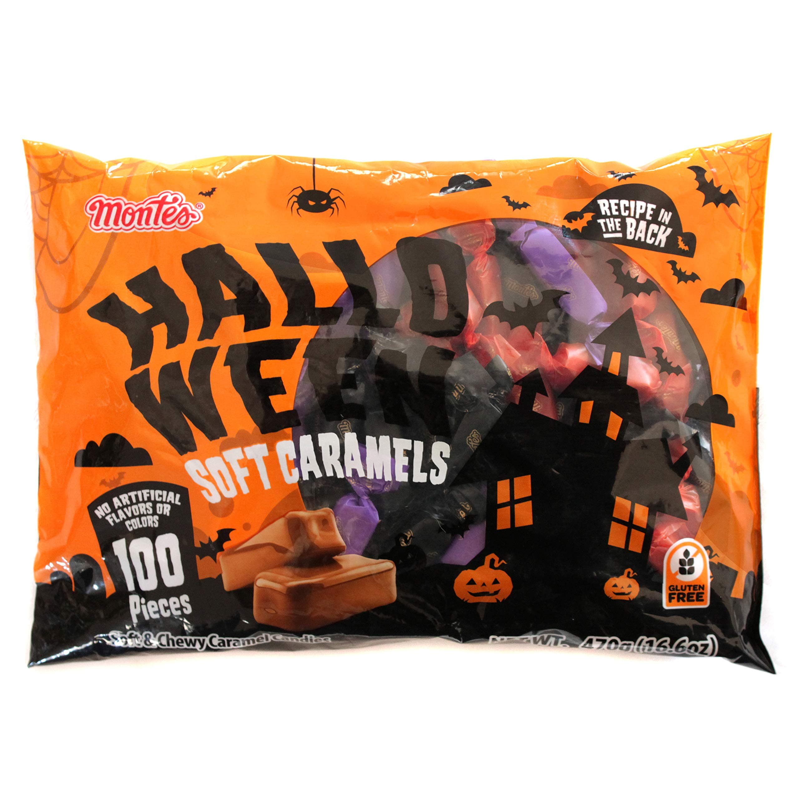 Montes (1) bag Halloween Soft Caramels - Soft & Chewy Caramel Candy - 100 Individually Wrapped Pieces Per Bag - Gluten Free - Net Wt. 16.6 oz