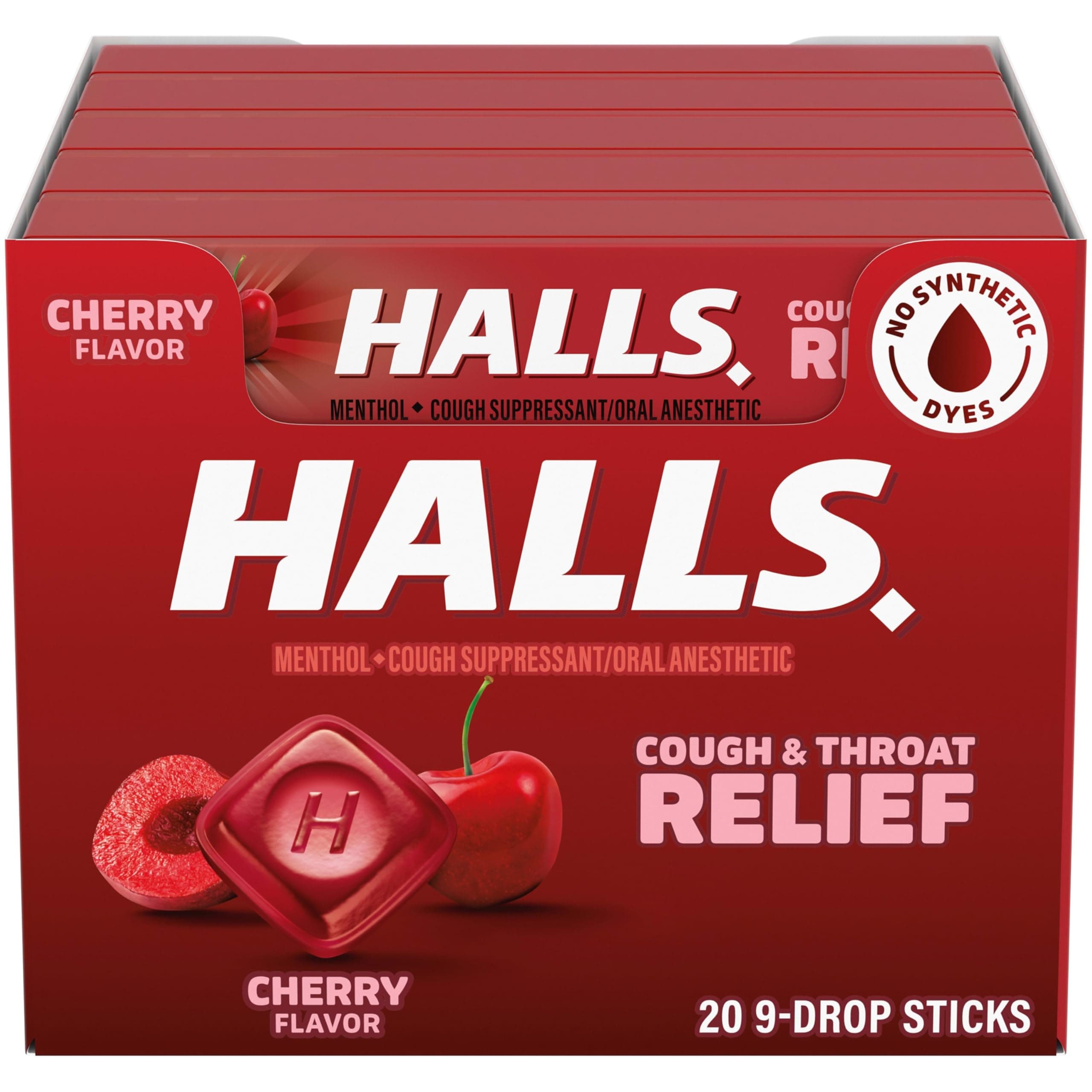 Halls Cherry Cough Drops - with Menthol - 180 Drops (20 sticks of 9 drops), 20 Count