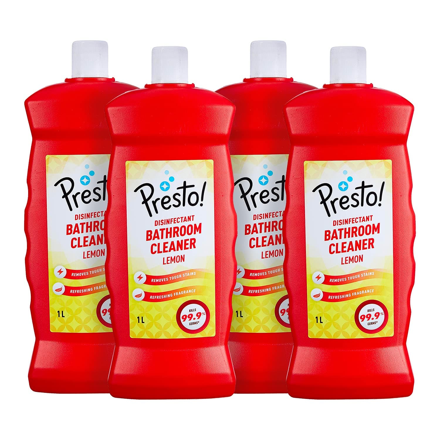 Amazon Brand - Presto! Bathroom Cleaner | Lemon | 4 Litre | 1 L x 4 Packs | Suitable For Bathroom Floors, Slabs, Wall Tiles, Sinks, Basins, Stainless Steel Taps, Shower Heads