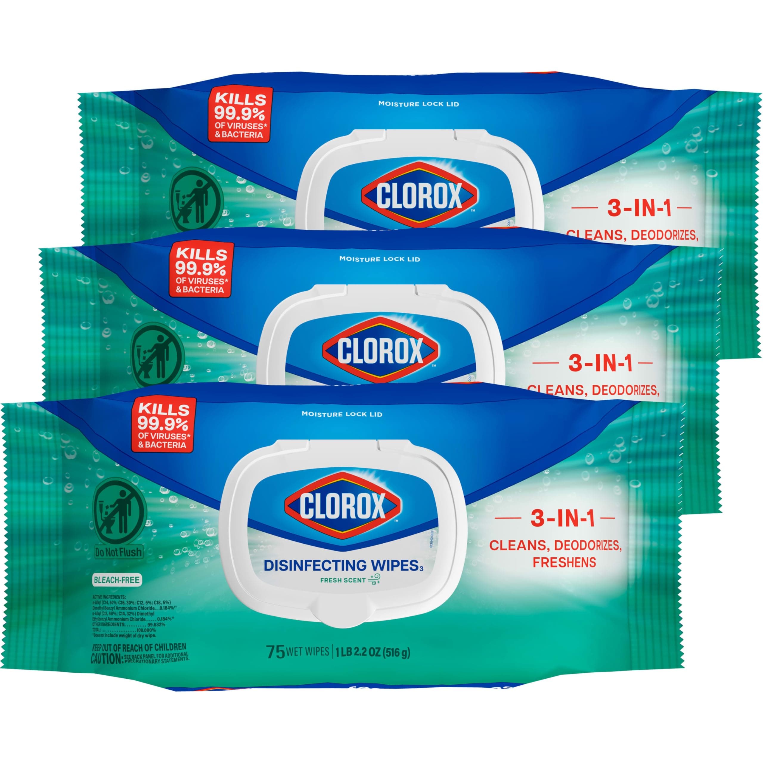 Clorox Disinfecting Wipes, Bleach Free Cleaning Wipes, Fresh Scent, Moisture Seal Lid, 75 Wipes, Pack of 3 (New Packaging)