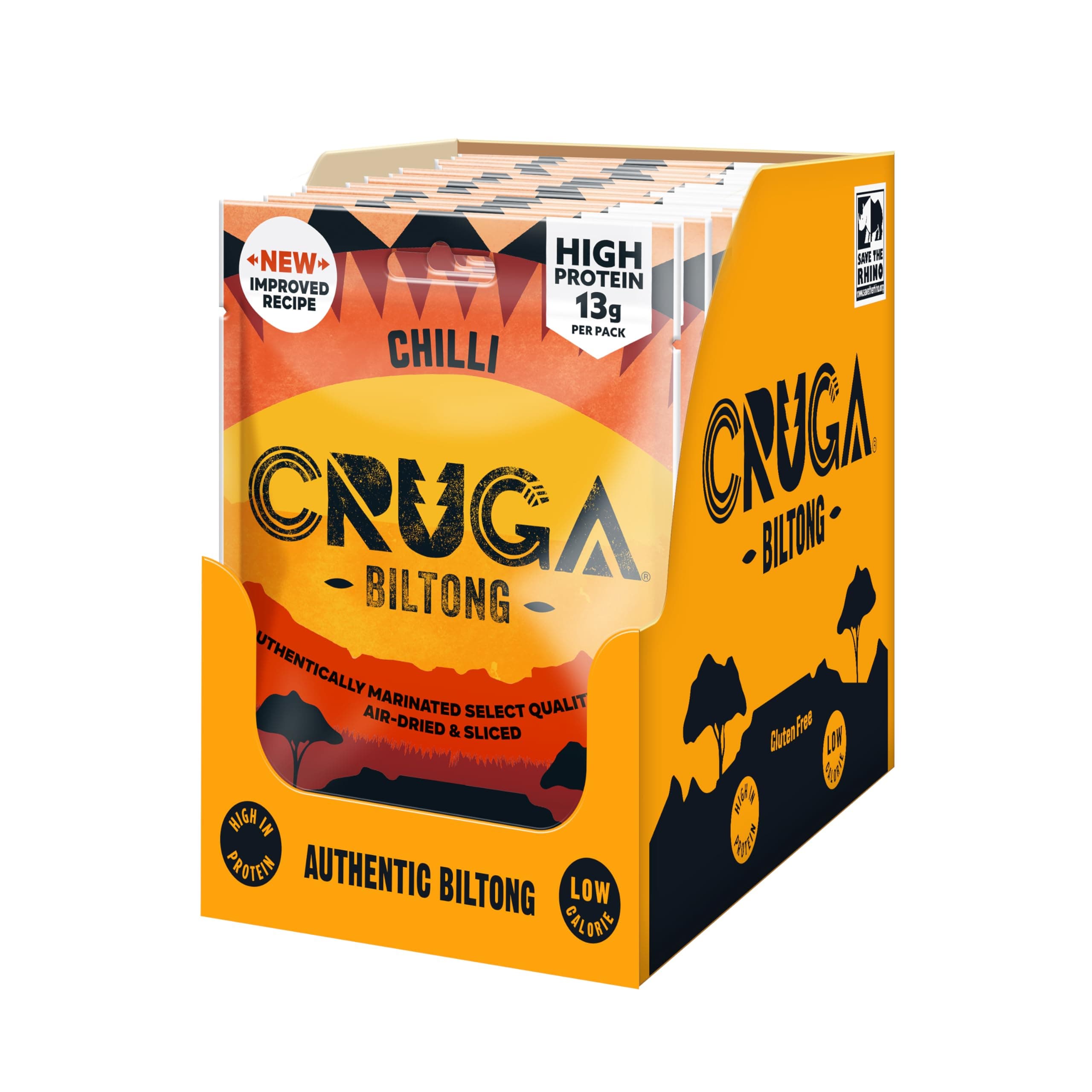Cruga Chilli Beef Biltong Flavour 12 × 25g Snack Packs – High Protein Gluten Free Snack – Low Sugar – No Added MSG – Ideal for Gym, Travel, Hiking & Everyday Energy