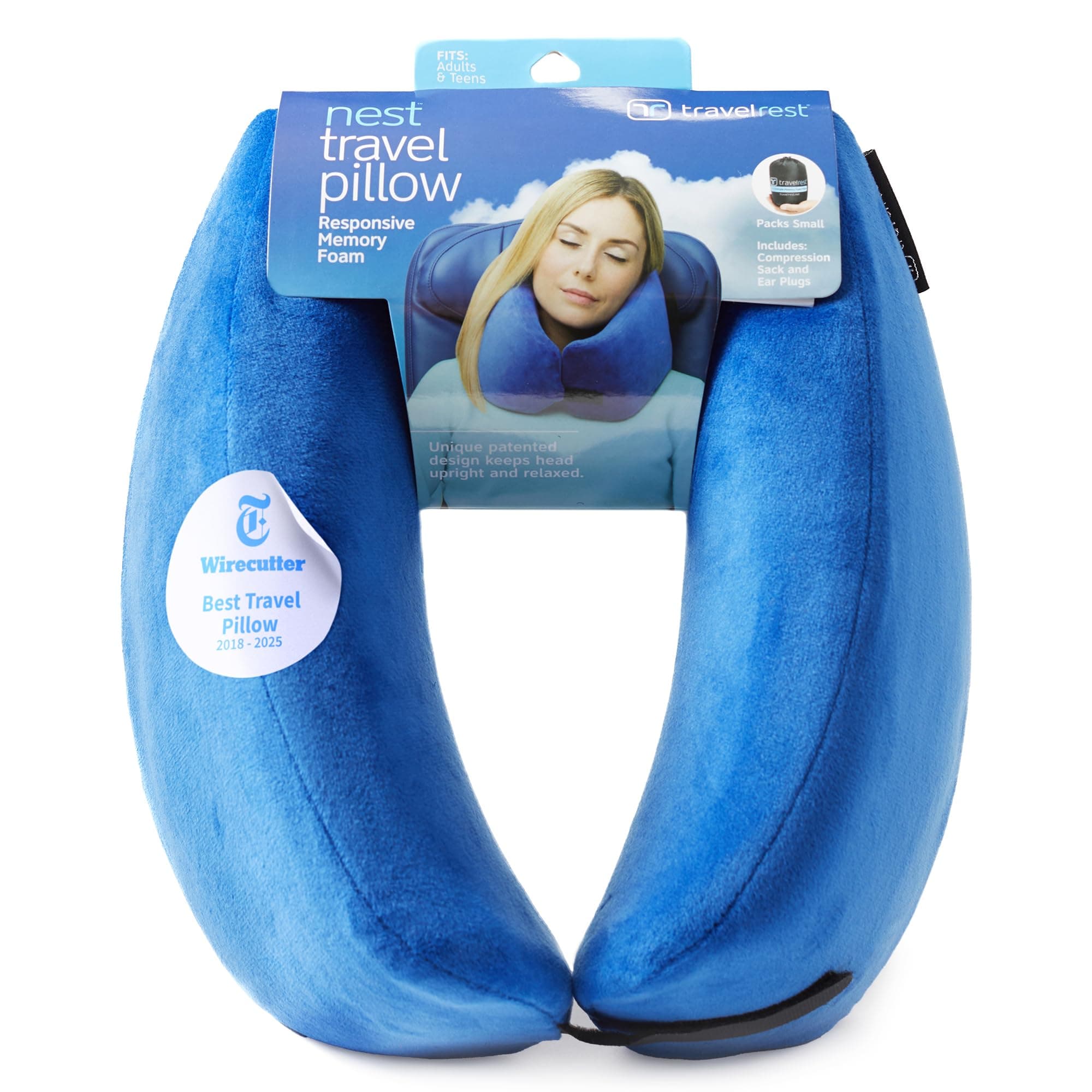 NEST Patented Ultimate Memory Foam Travel Pillow/Neck Pillow - Washable Cover - Voted Best Travel Pillow for 2018-2021 by Wirecutter - Compresses to 1/4 of its Size