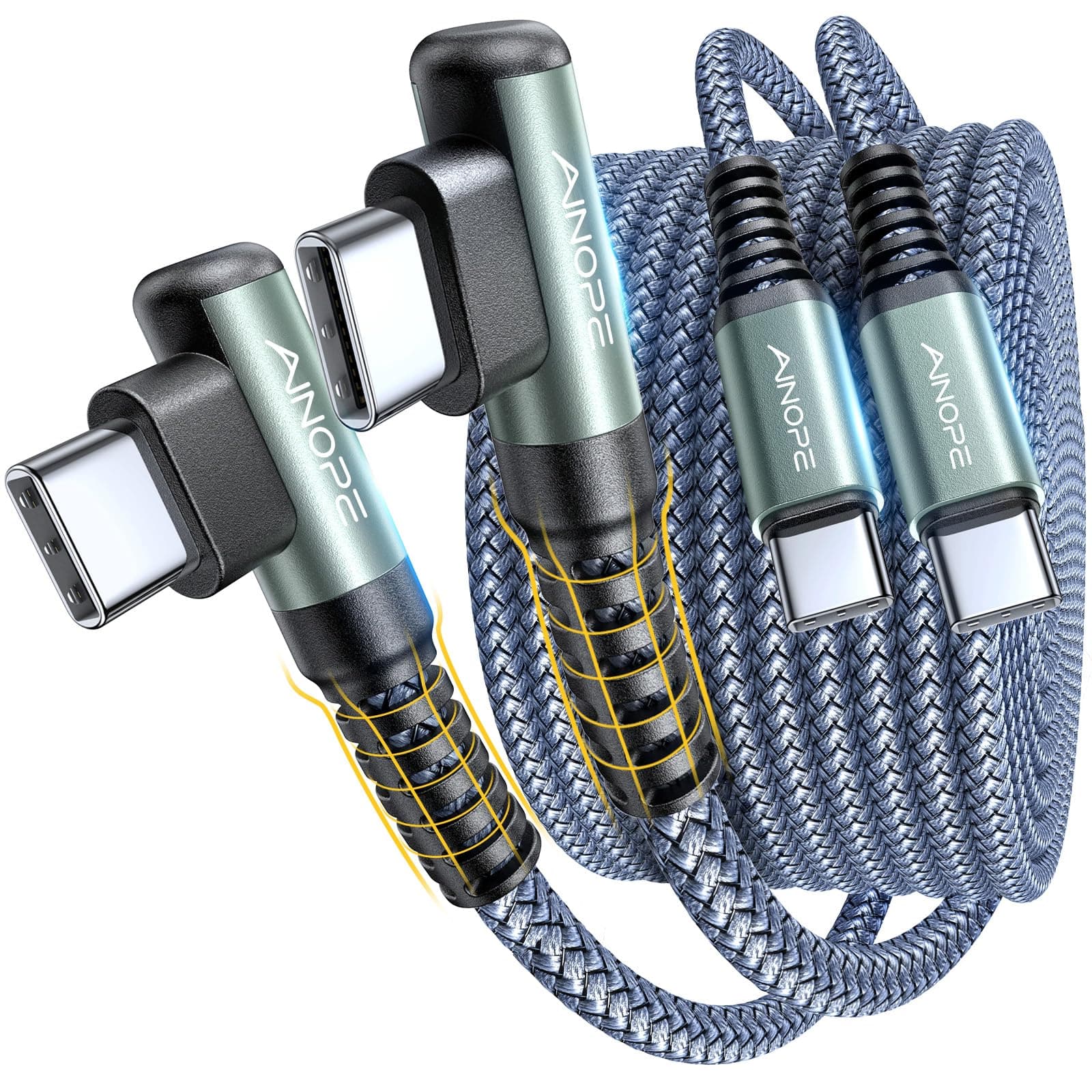 AINOPE USB C to USB C Cable 60W 2-Pack 6.6ft Nylon Braided Type C to Type C Cable Fast Charging Right Angle for iPhone 17 Pro Max Plus16 15/ Samsung S25 S24 Ultra/Oppo find X9 Pro/vivo v60