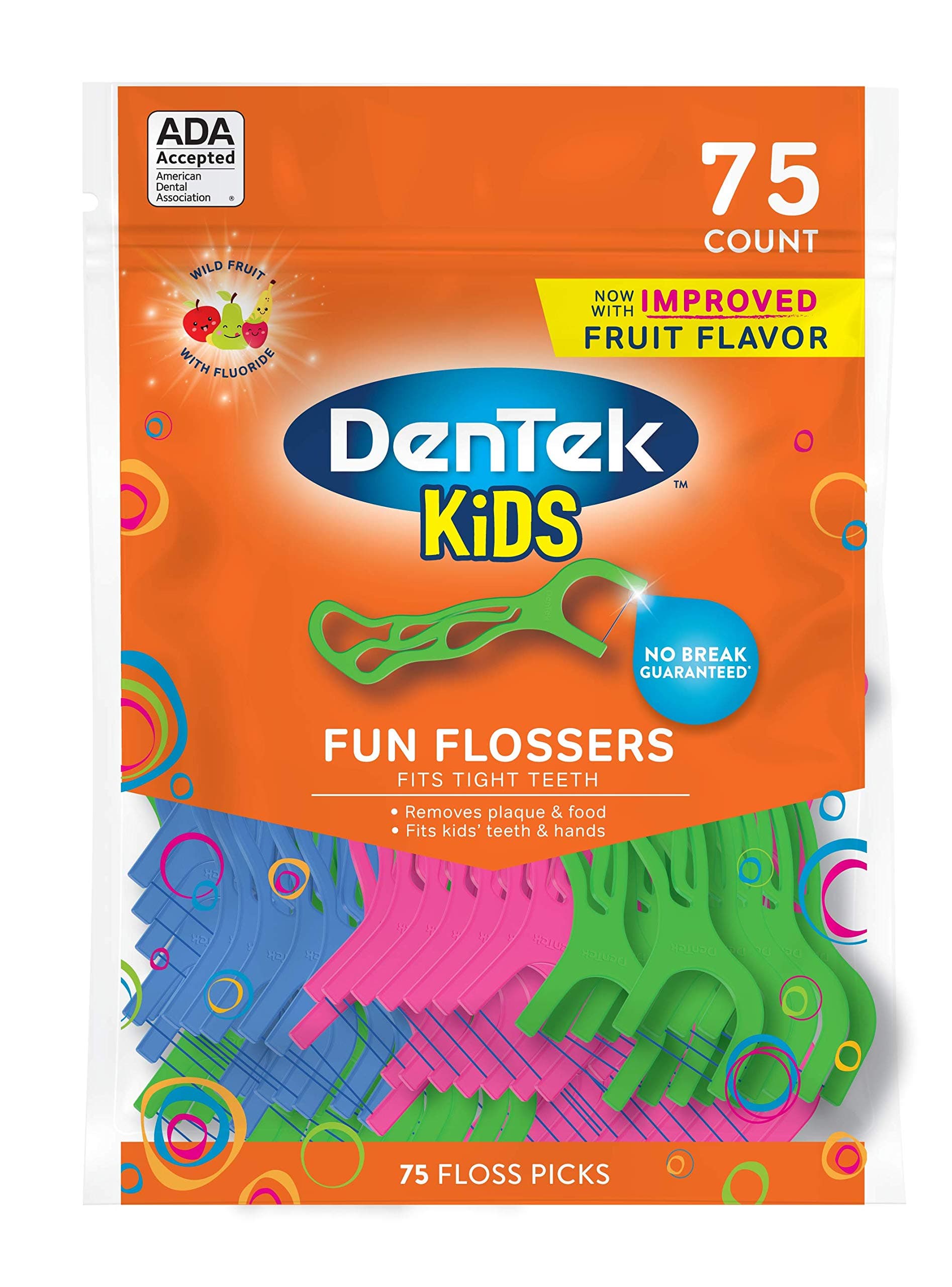 DenTek Kids Fun Flossers | Removes Food & Plaque | 75 Count