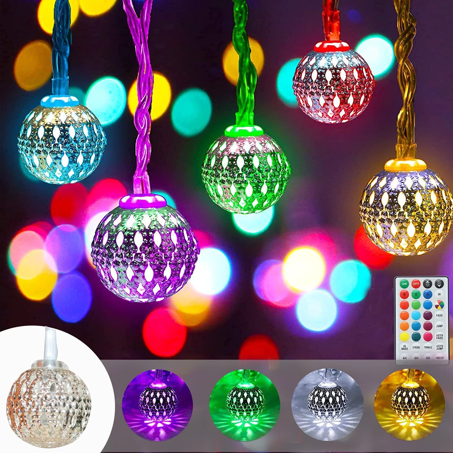 Obrecis Color Changing Globe String Lights, 50LED Moroccan Christmas Lights Metal Ball Decorative Lights Plug in with Remote for Diwali, Indoor, Boho Girls Bedroom Xmas Tree Decor- 32.8ft (RGB)