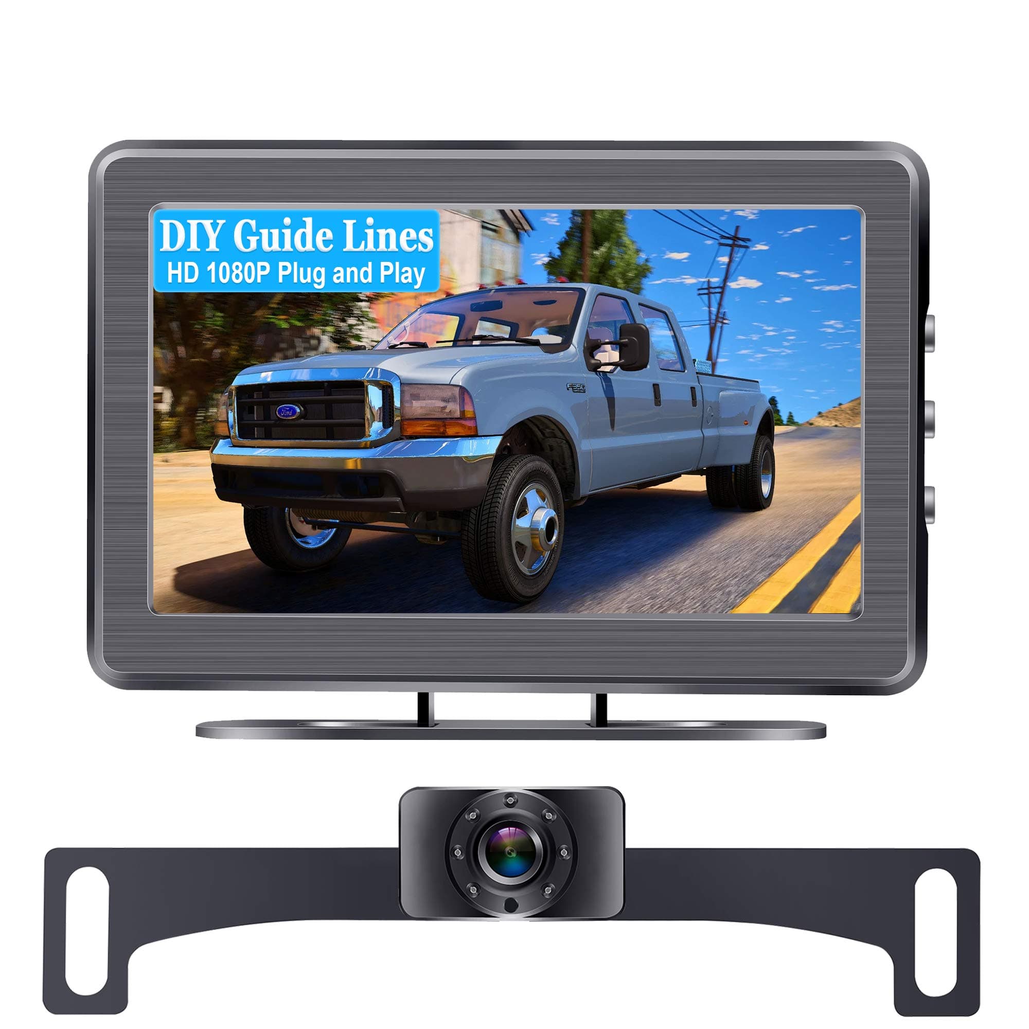 AMTIFOEmmako backup Camera and 4.3'' display Monitor Kit Waterproof License Plate rear view camera system wire a single power Rear view or Fulltime View optional with Night Vision for Car vehicle