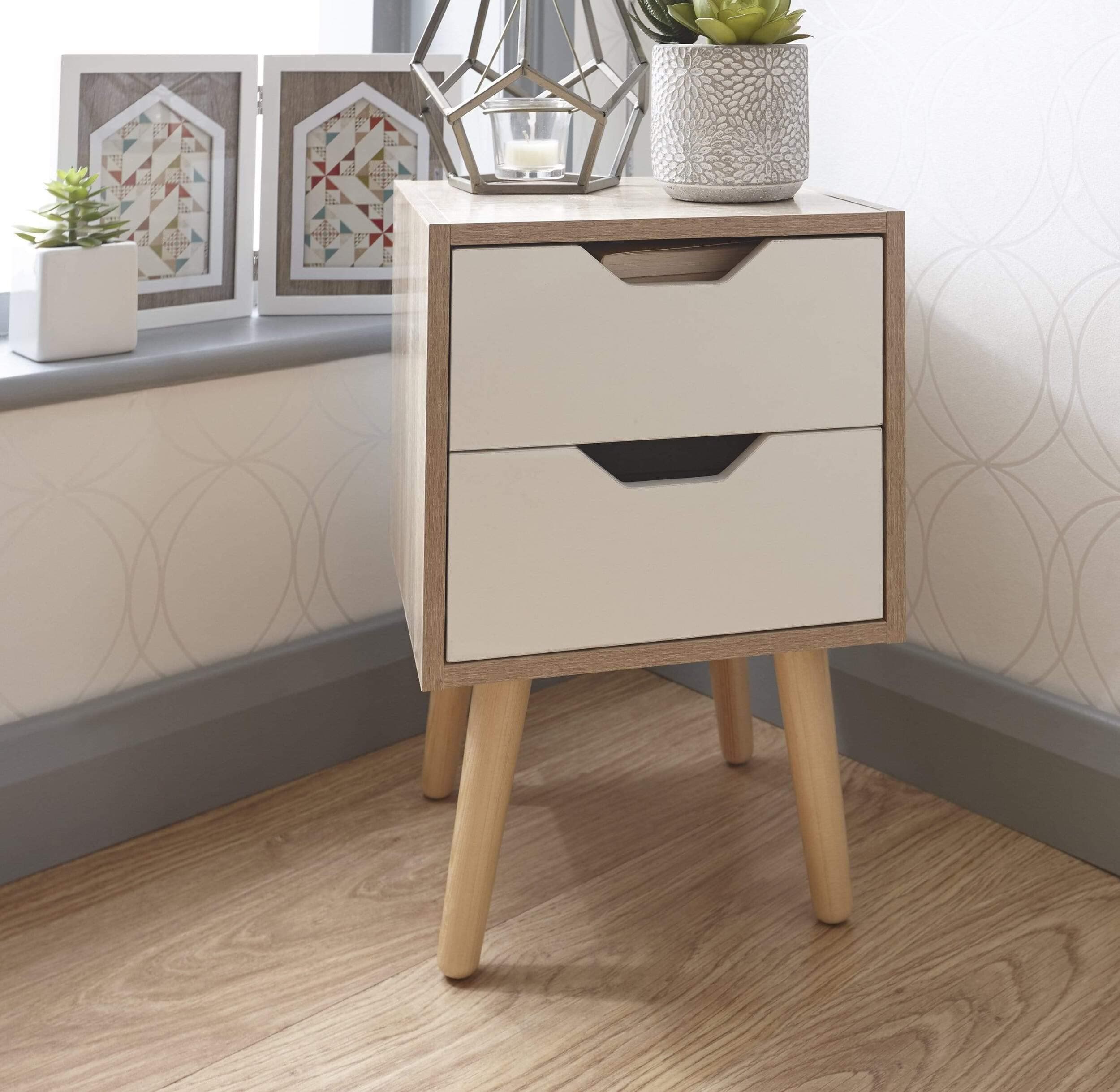 Home Source Stockholm Retro White Oak Bedside cabinet chest 1 2 3 4 drawer or 4 drawer wide (2 Drawer)