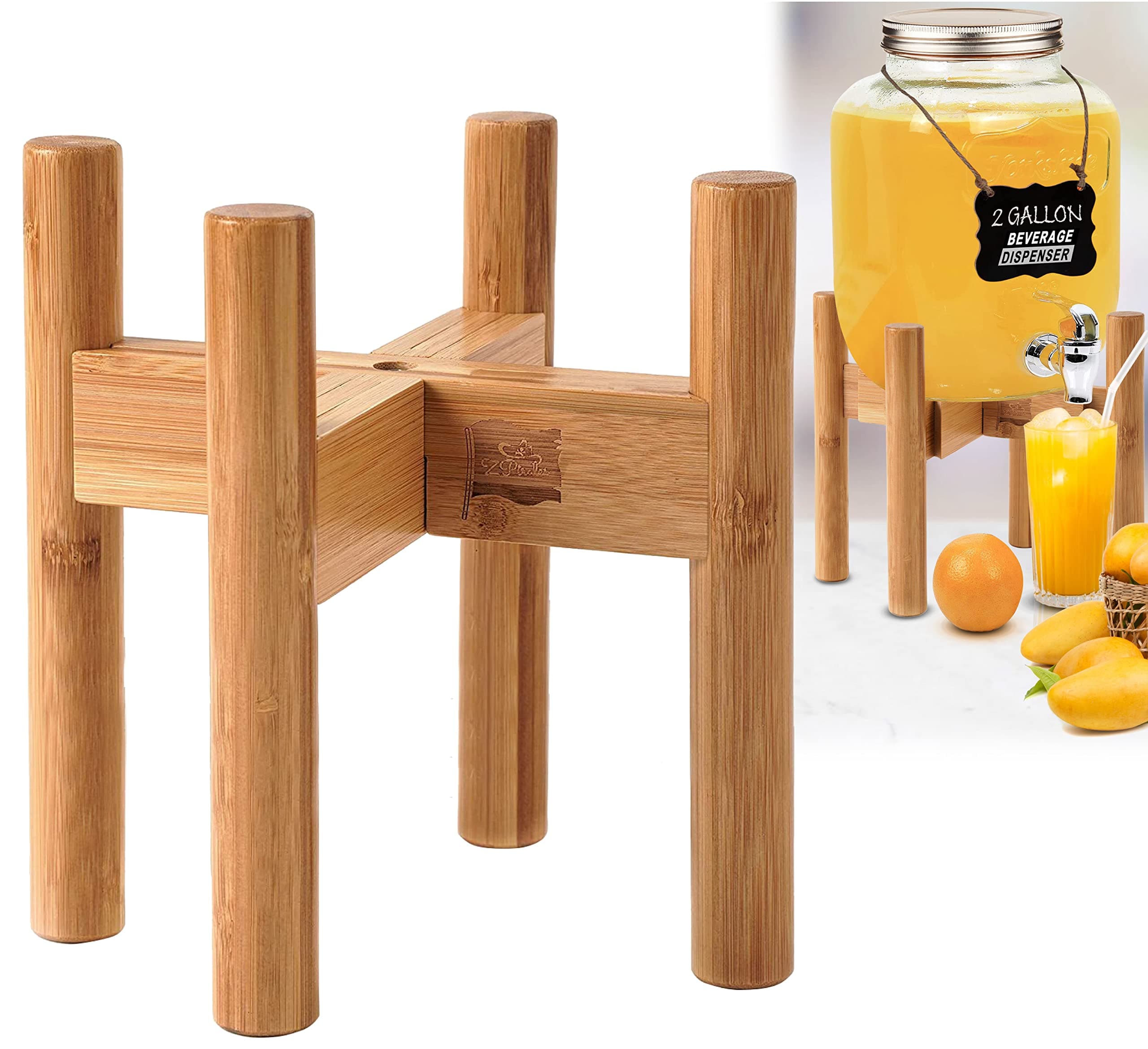 Drink Dispenser Stand, Adjustable for Glass Dispensers for Beverage, Lemonade, Juice and Hot/Cold Drinks - Small-Medium (1-2-Gallon) - Natural Bamboo