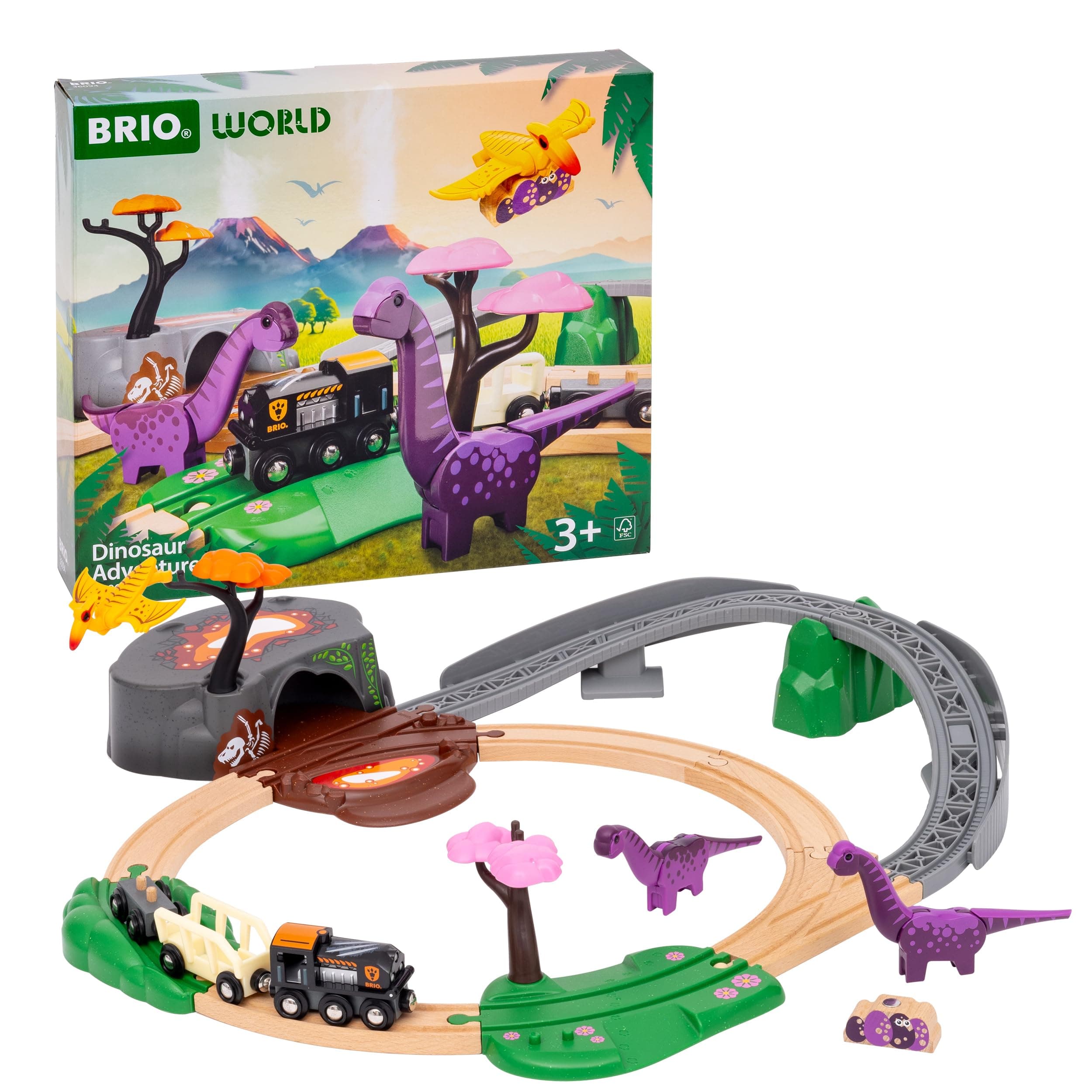 World Dinosaur Adventure Train Set for Kids Age 3 Years Up, Wooden Railway Accessories and Add Ons