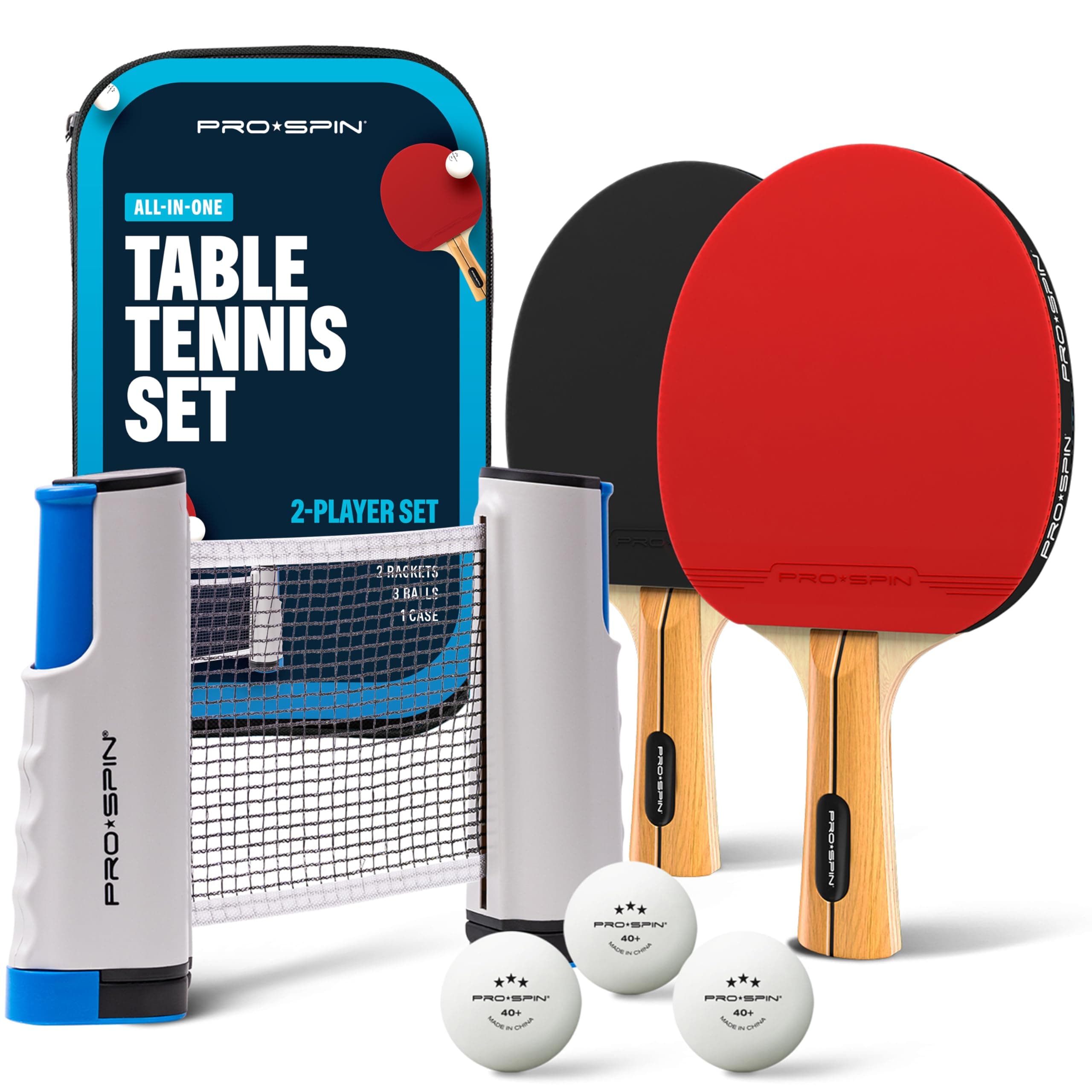 PRO-SPIN Portable Ping Pong Set with Retractable Ping Pong Net for Any Table, All-in-One Table Tennis Set with Ping Pong Paddles, Balls & Case, Table Top Family Game