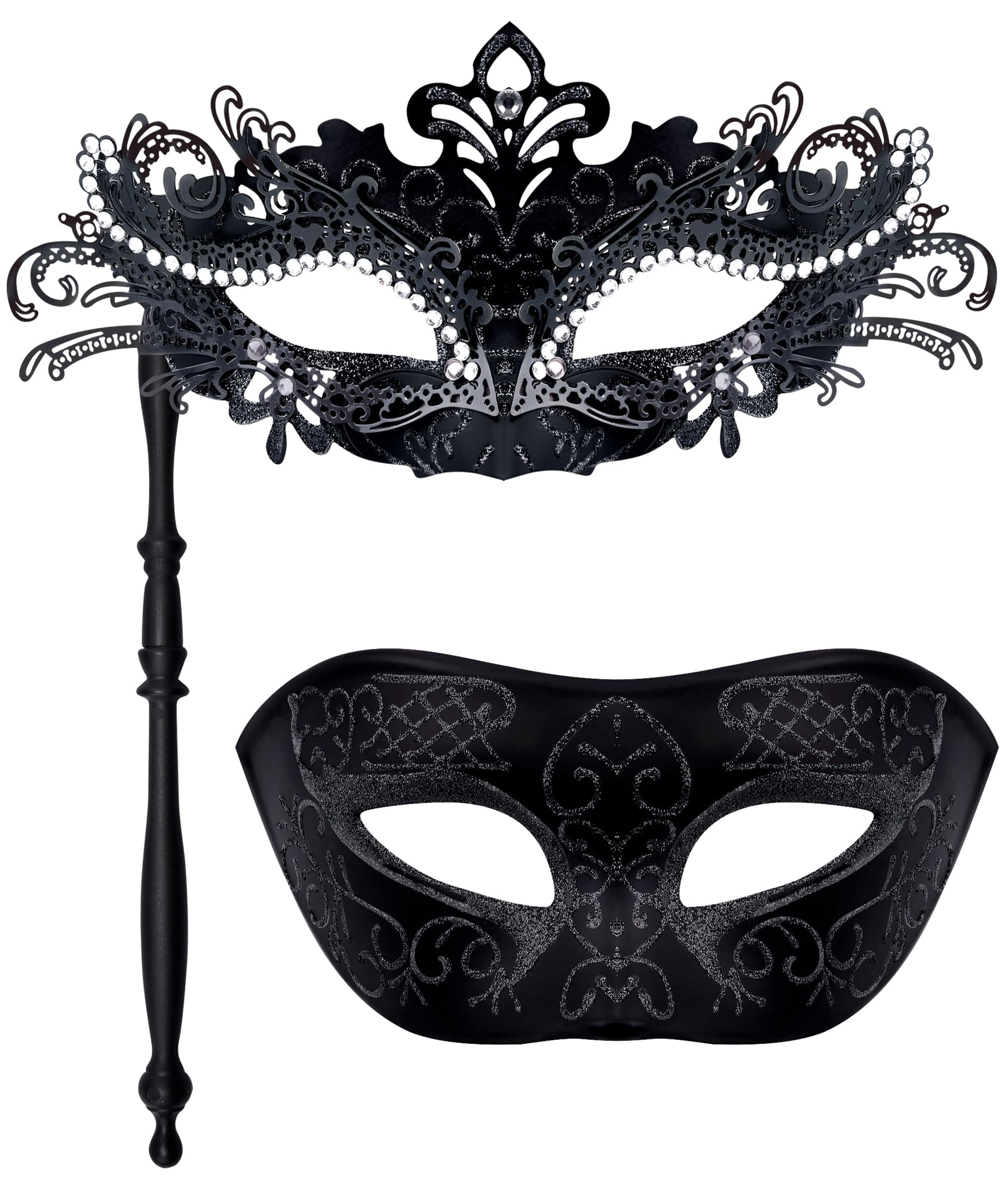 SIQUK Couple Masquerade Masks with Holding Stick Venetian Party Mask Halloween Costume Carnival Mask for Couples Women and Men