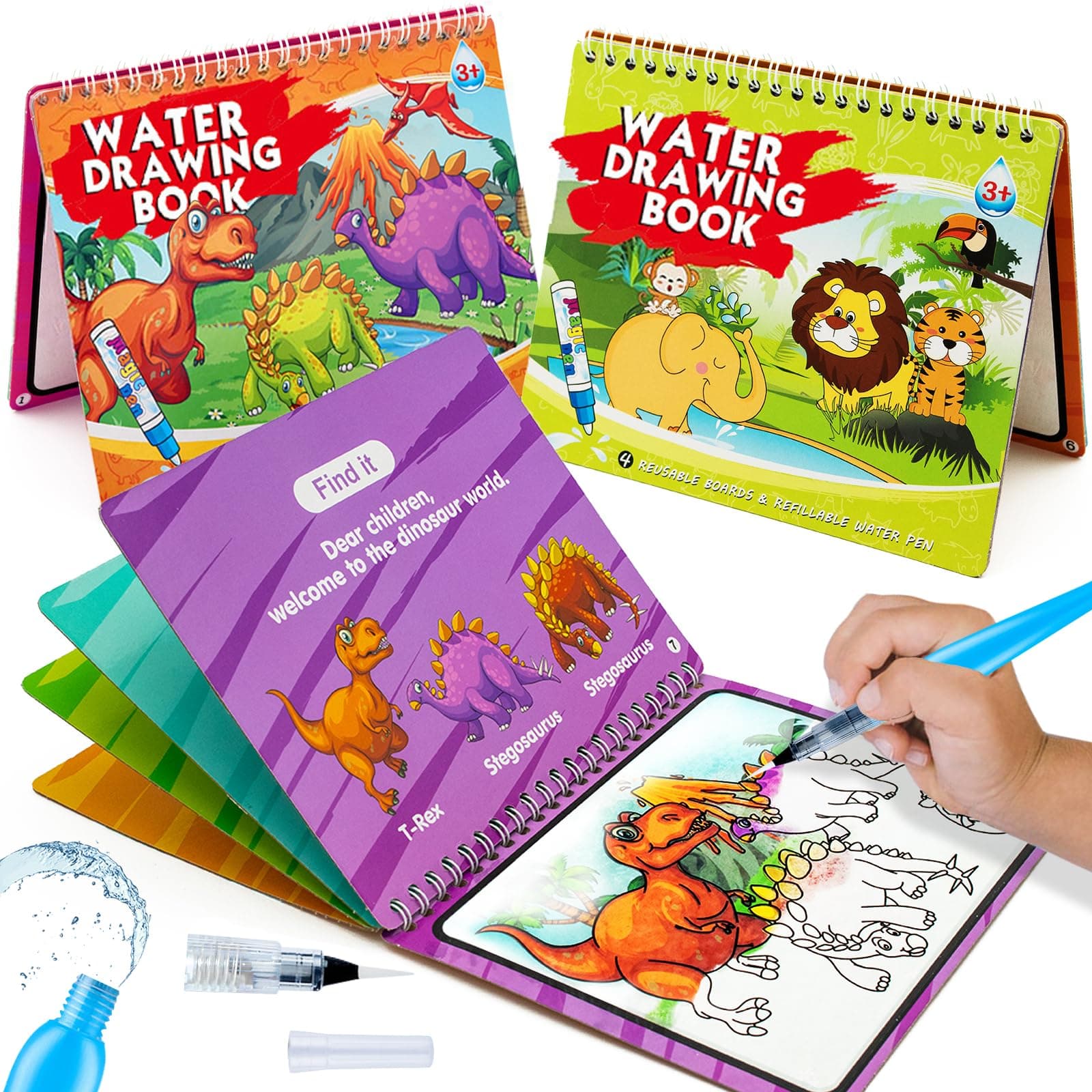 2 Pack Magic Water Colouring Books for Toddlers, Dinosaur & Animal Reusable Doodle Pads, Mess-Free Art Toys for Kids Age 2-4, Educational Travel Activity Book for Boys & Girls 3 2 1+