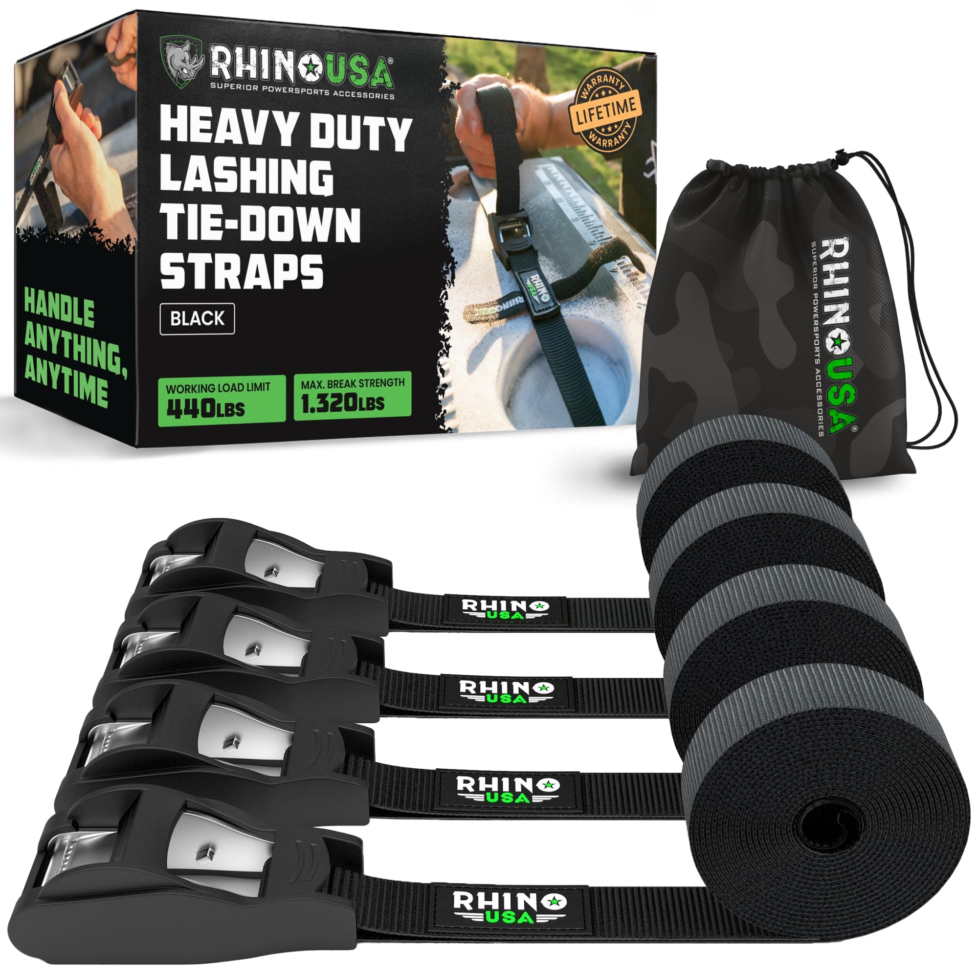 Rhino USA Lashing Straps Cargo Tie Downs (4PK) - 1,320lb lab Inspected Max Break Strength, Includes (4) Heavy Duty 1in x 12ft Cam Buckle Pull Straps. Best for Kayak, Cooler, Cargo