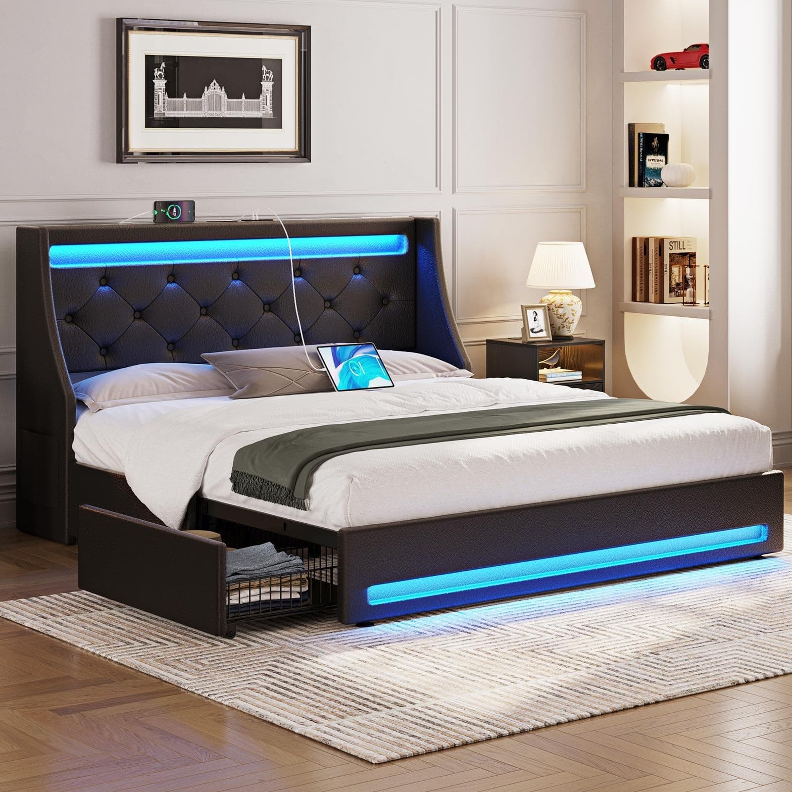 Rolanstar Complete Bed Frame with 4 Storage Drawers, Charging Station and LED Lights, Padded Faux Leather Platform Bed with Sturdy Wooden Slats, No Need for Bed Base