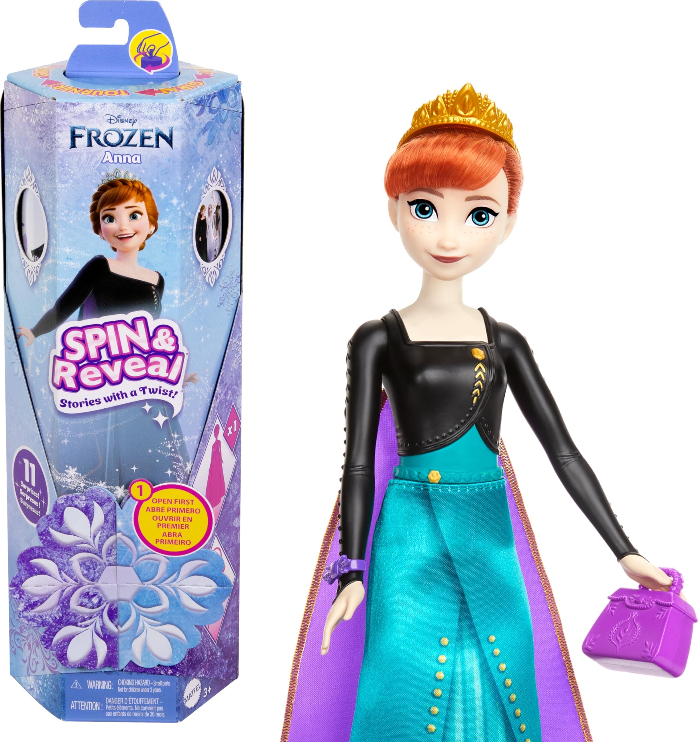 Mattel Disney Frozen Anna Fashion Doll Set, Spin & Reveal with 11 Surprises Including 5 Accessories, 5 Stickers & Play Scene, Inspired by the Movie