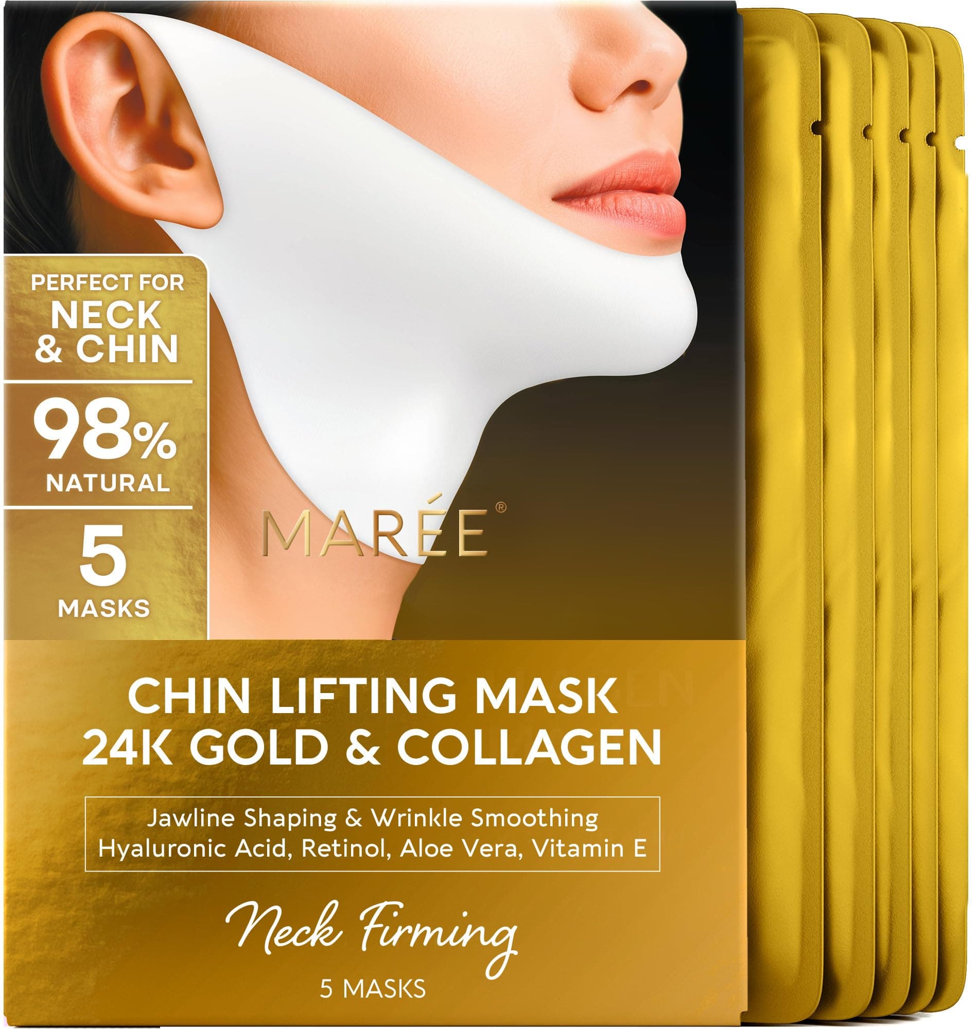 Collagen Facial Mask with Hyaluronic Acid - Hydrating Face Masks Skincare - Mascarillas Faciales For Women Skin Care - Gold, 5 Count