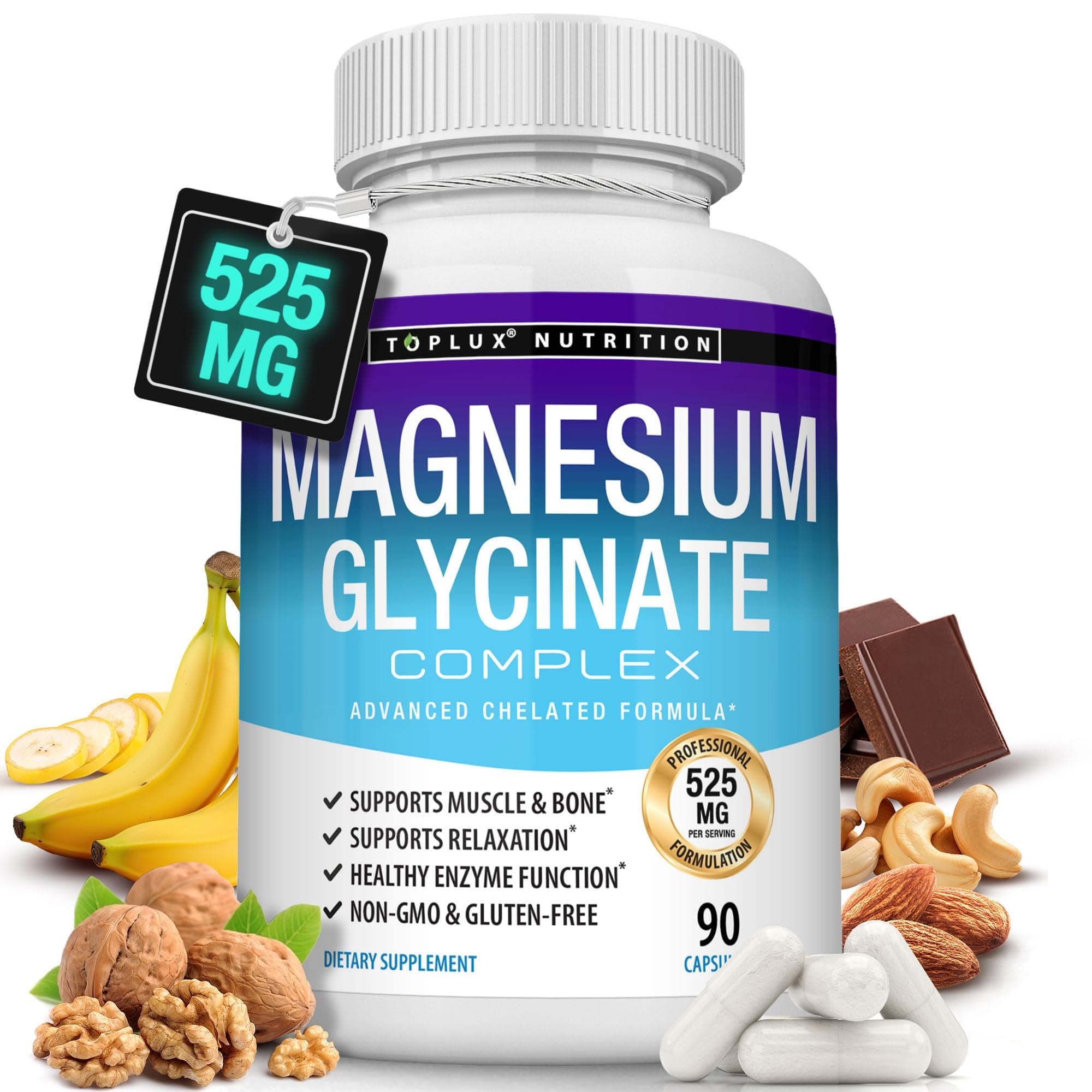 Toplux Magnesium Glycinate 525mg Complex - High Absorption Magnesium Supplement 125% DV Chelated - Support Muscles, Recovery, Maximum Bioavailability Vegan Non-GMO for Men Women, 90 Capsules
