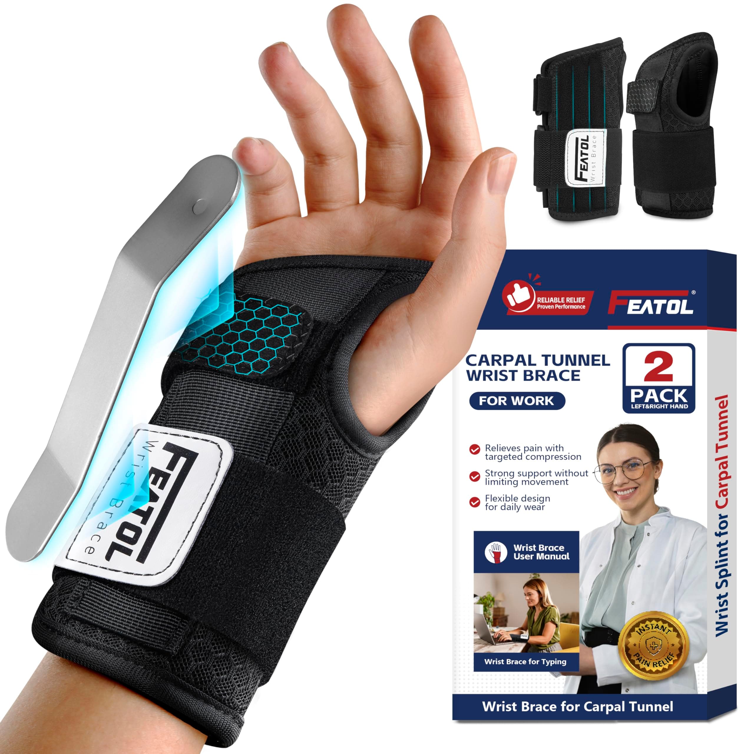 2 Pack Carpal Tunnel Wrist Brace For Work With Wrist Splint, 6.5'' Wrist Brace Night Support For Women Men, Pain Relief For Tendonitis, Arthritis, Pregnancy, Typing, Right and Left Hand, Medium