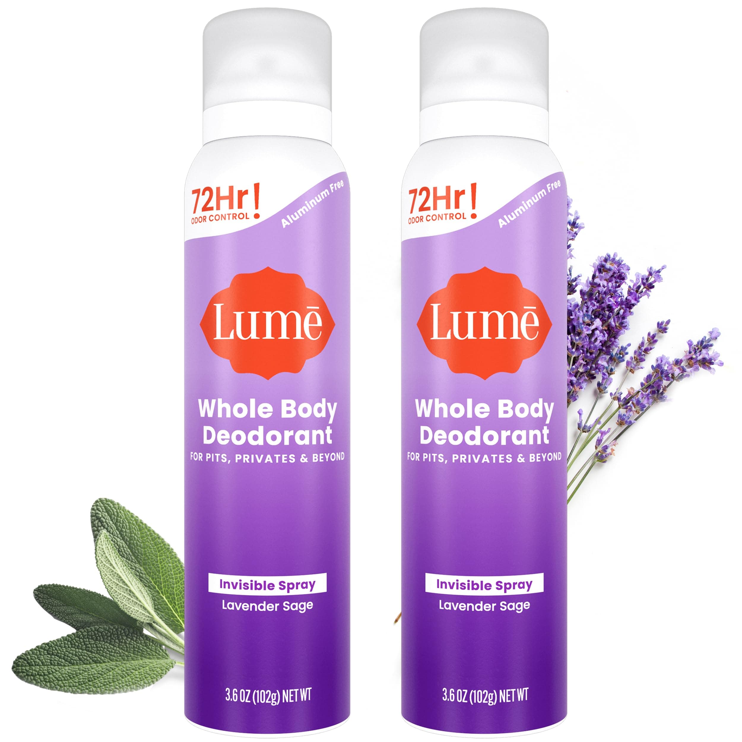 Lume Invisible Spray Deodorant For Women - Whole Body Deodorant Spray - 72 Hr Odor Control - Ozone Friendly, Natural Propellant - Aluminum & Baking Soda Free, Skin Loving - 2 pack (Lavender Sage)
