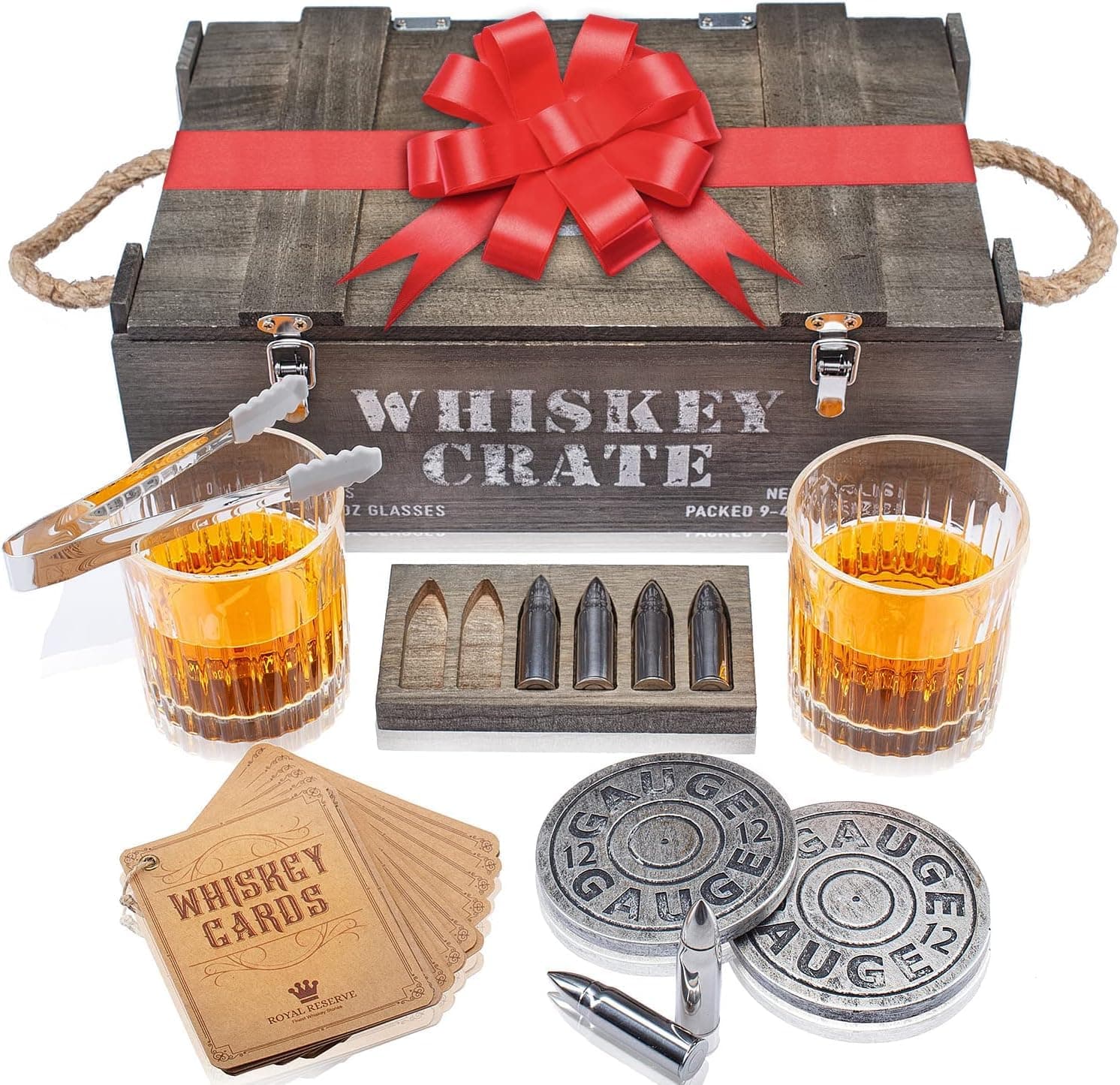 Royal Reserve Bullet Whiskey Stones Gift Set | Artisan Crafted Chilling Rocks Scotch Bourbon Glasses and Coasters – Gift for Ranger Police Hunter Guy Men Dad Boyfriend Anniversary or Retirement