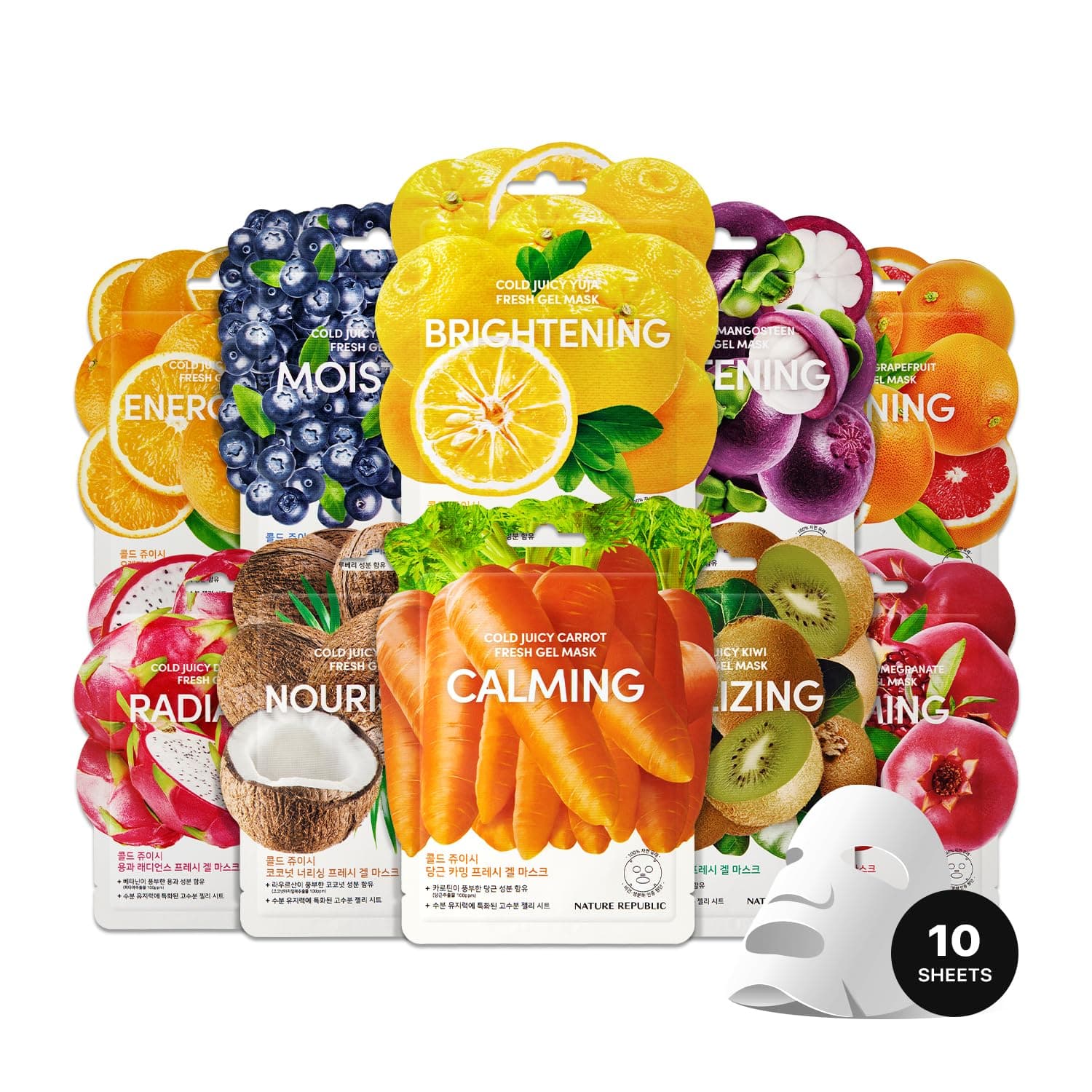 Nature Republic Cold Juicy Fresh Mask Set (10 Pack) | Hydrating & Moisturizing Vegan Sheet Mask for Glowing Skin, Korean Skin Care for All Skin Types, Daily Skincare Routine