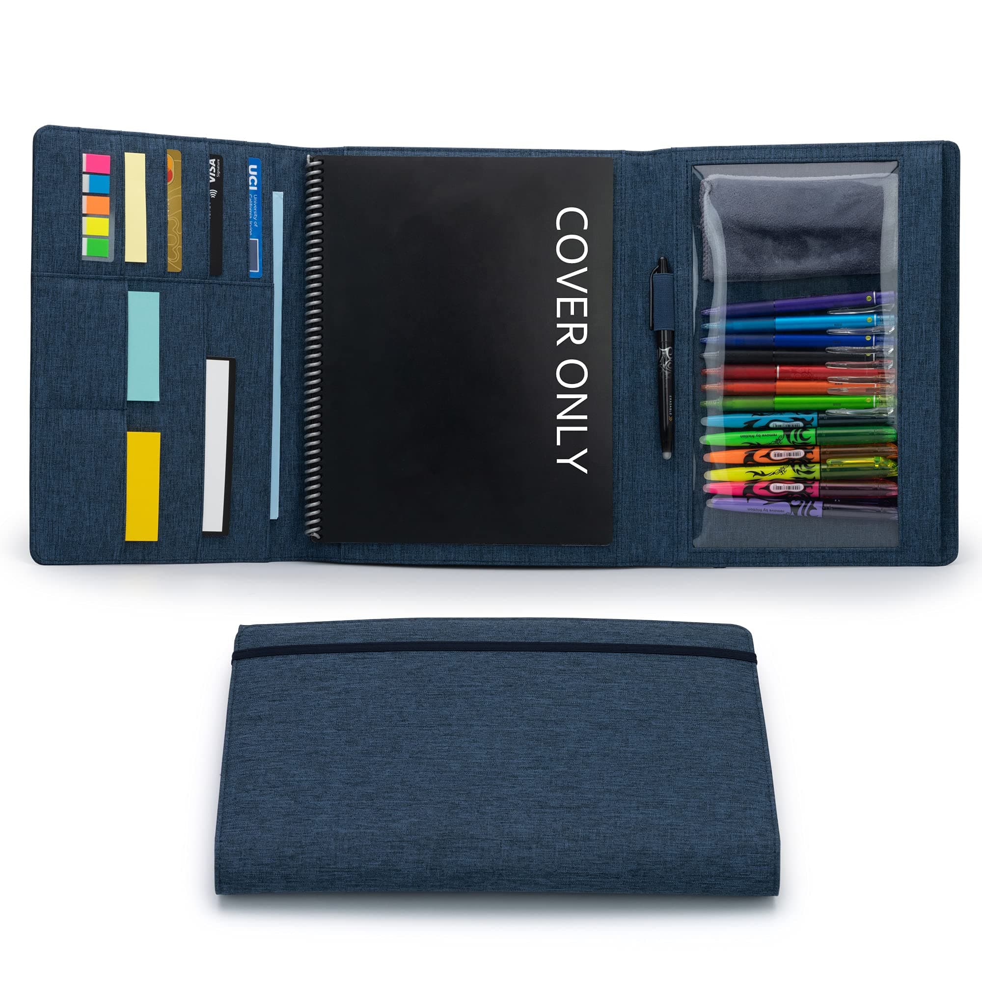 Folio Cover Compatible with Rocketbook Fusion, Panda, Everlast, Waterproof Fabric, Multi Organizer with Pen Loop, Zipper Pocket, Business Card Holder, fits A4 Size Notebook, Blue