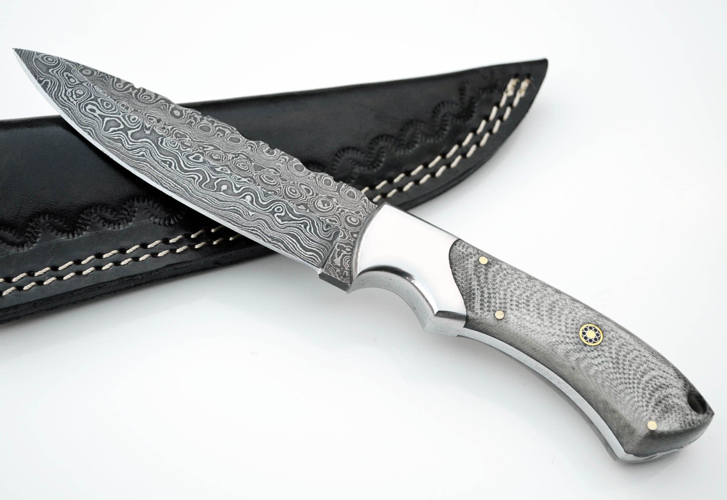 Drop Point Damascus Hunting Knife with White & Gray German Micarta Skinning Custom Knives with Leather Sheath