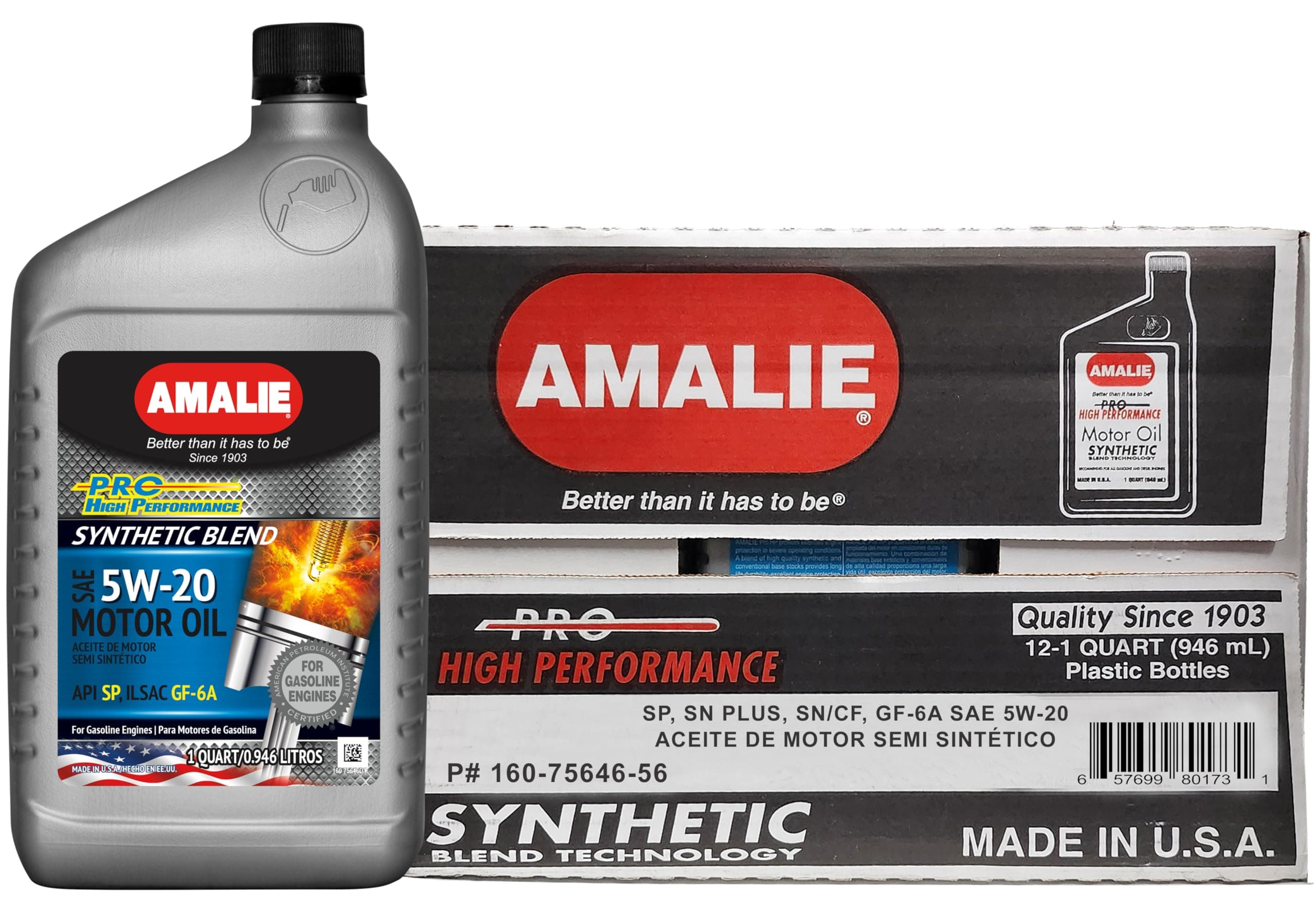 AmaliePro High Performance Synthetic Blend 5W-20 Motor Oil (160-75646-56) 1 Quart Bottle, Pack of 12