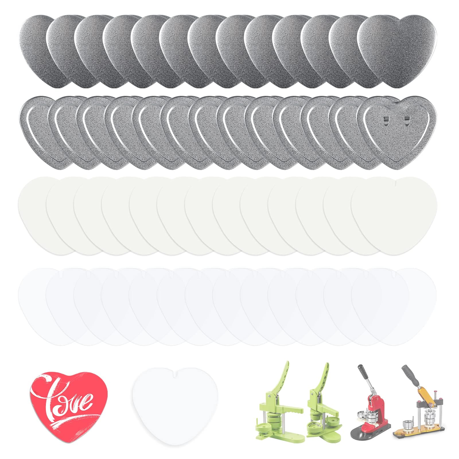 Happizza Heart-Shaped 2.24 inch/57mm Button Parts for Button Maker Machine Heart Shape, Button Supplies Badge Button Making Supplies, Includes Metal Cover, Button Back Cover, Clear Film&Blank Paper