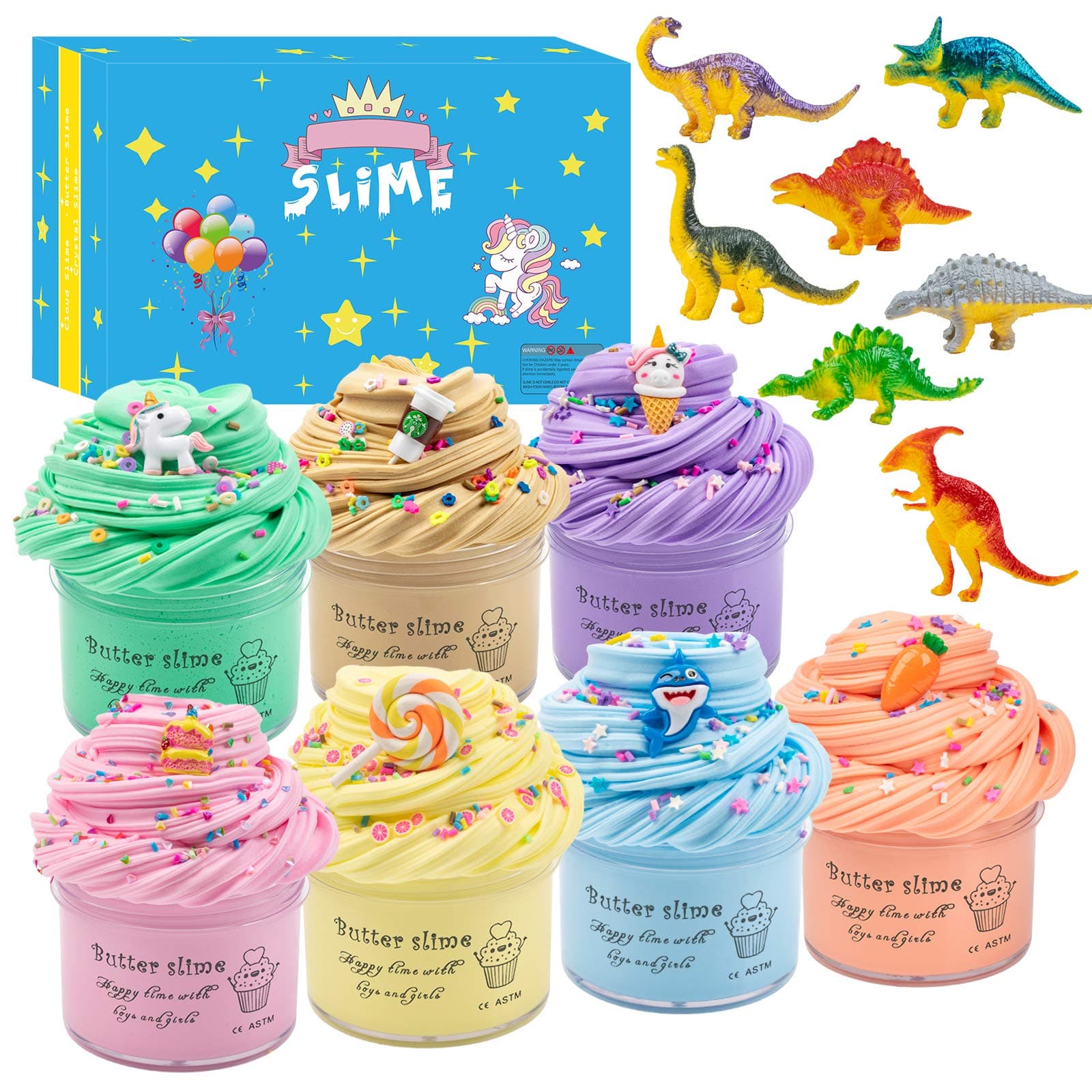 Upgrade 7 Pack Dinosaur Slime Kits,Scented Butter Slimes with Cute Unicorn, Coffee Cup,Ice Cream Charms Ect.Super Soft Stretchy and Non-Sticky Slime for Boys and Girls…