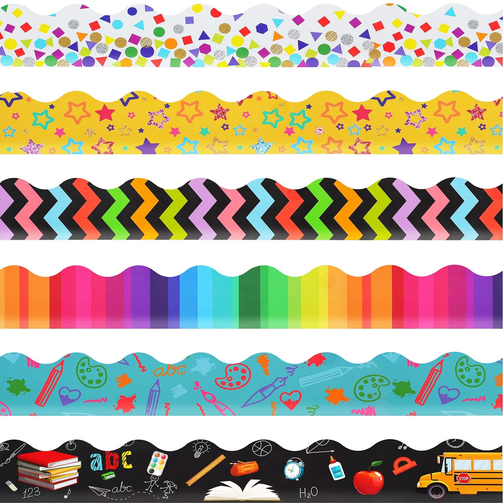 Geyee 84 Pieces 83 Feet Classroom Bulletin Board Borders Scalloped Rainbow Bulletin Board Trim Adhesive Decorations Colorful for Chalkboard, 6 Designs(Classic Style)