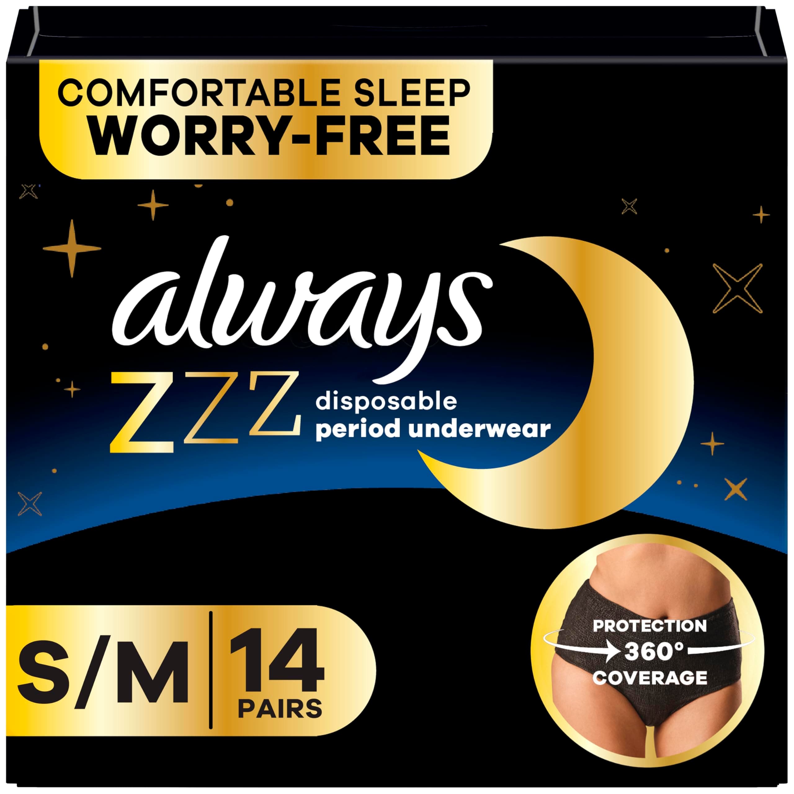 Always Zzzs Overnight Disposable Period Underwear for Women, Size Small/Medium, Black Period Panties, Leakproof, 7 Count x 2 Packs (14 Count Total)