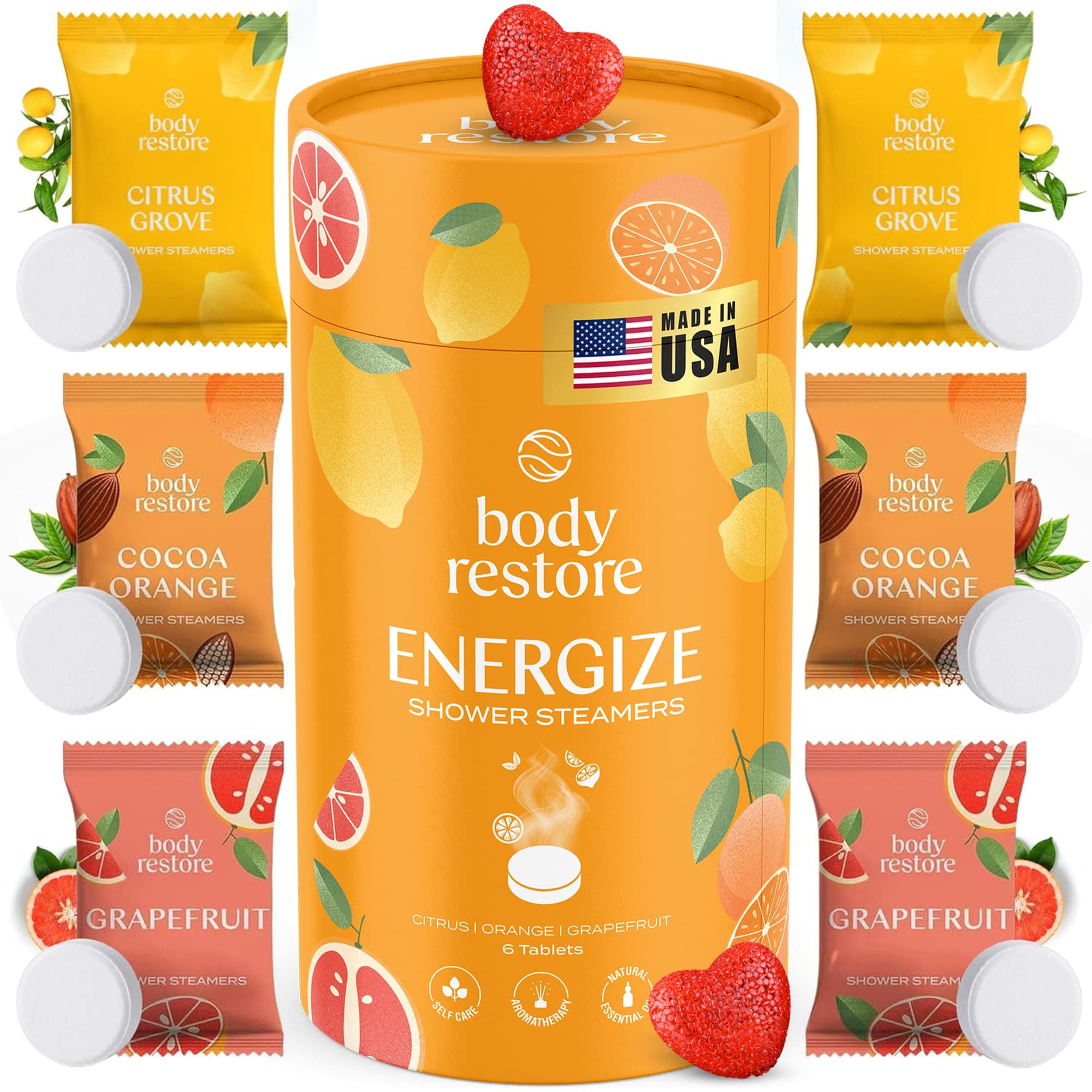Body Restore Shower Steamers Aromatherapy 6 Pack - Relaxation Birthday Gifts for Women and Men, Travel Essentials, Stress Relief and Self Care - Citrus