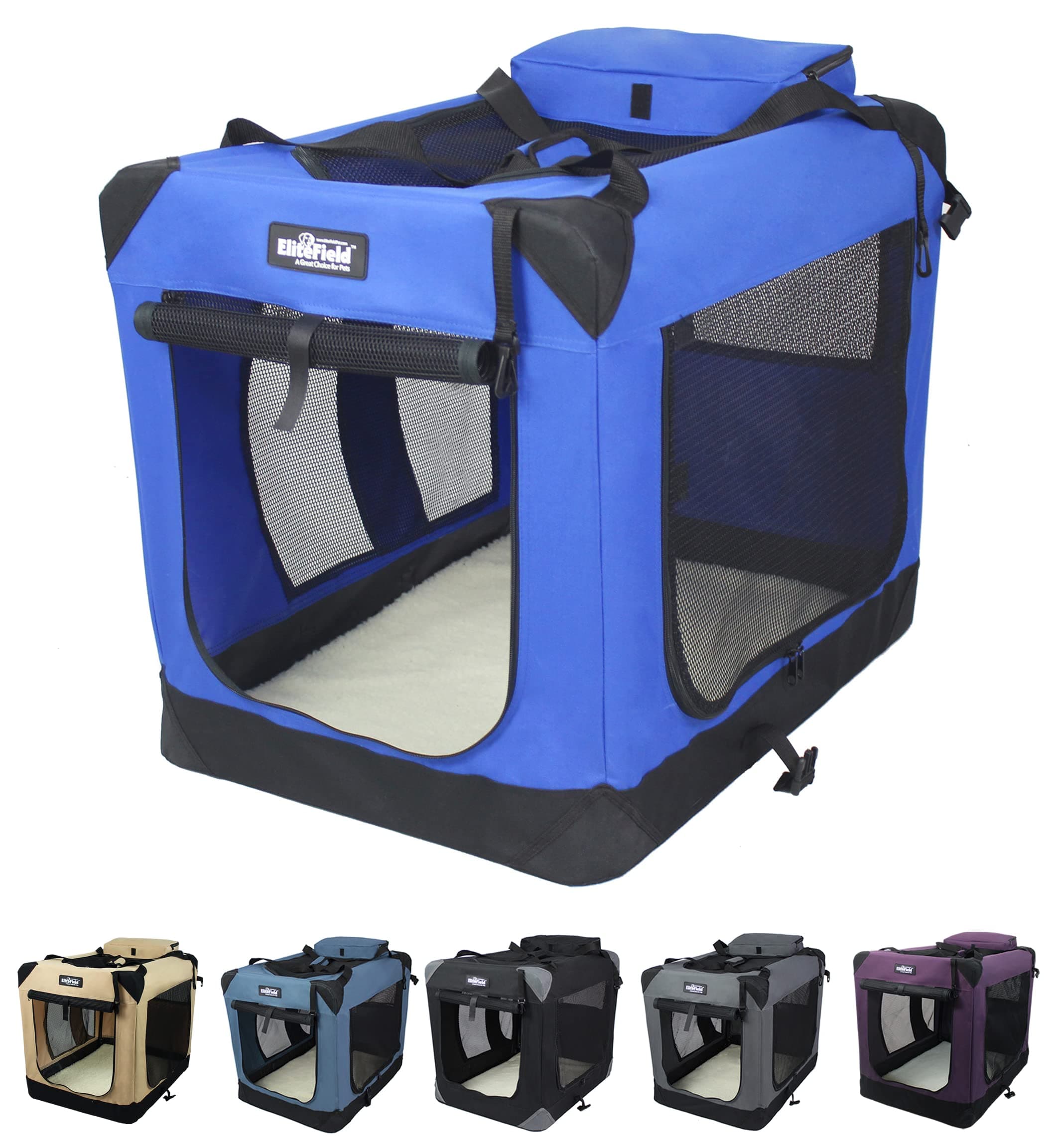 EliteField 3-Door Folding Soft Dog Crate with Carrying Bag and Fleece Bed (2 Year Warranty), Indoor & Outdoor Pet Home (30" L x 21" W x 24" H, Royal Blue)