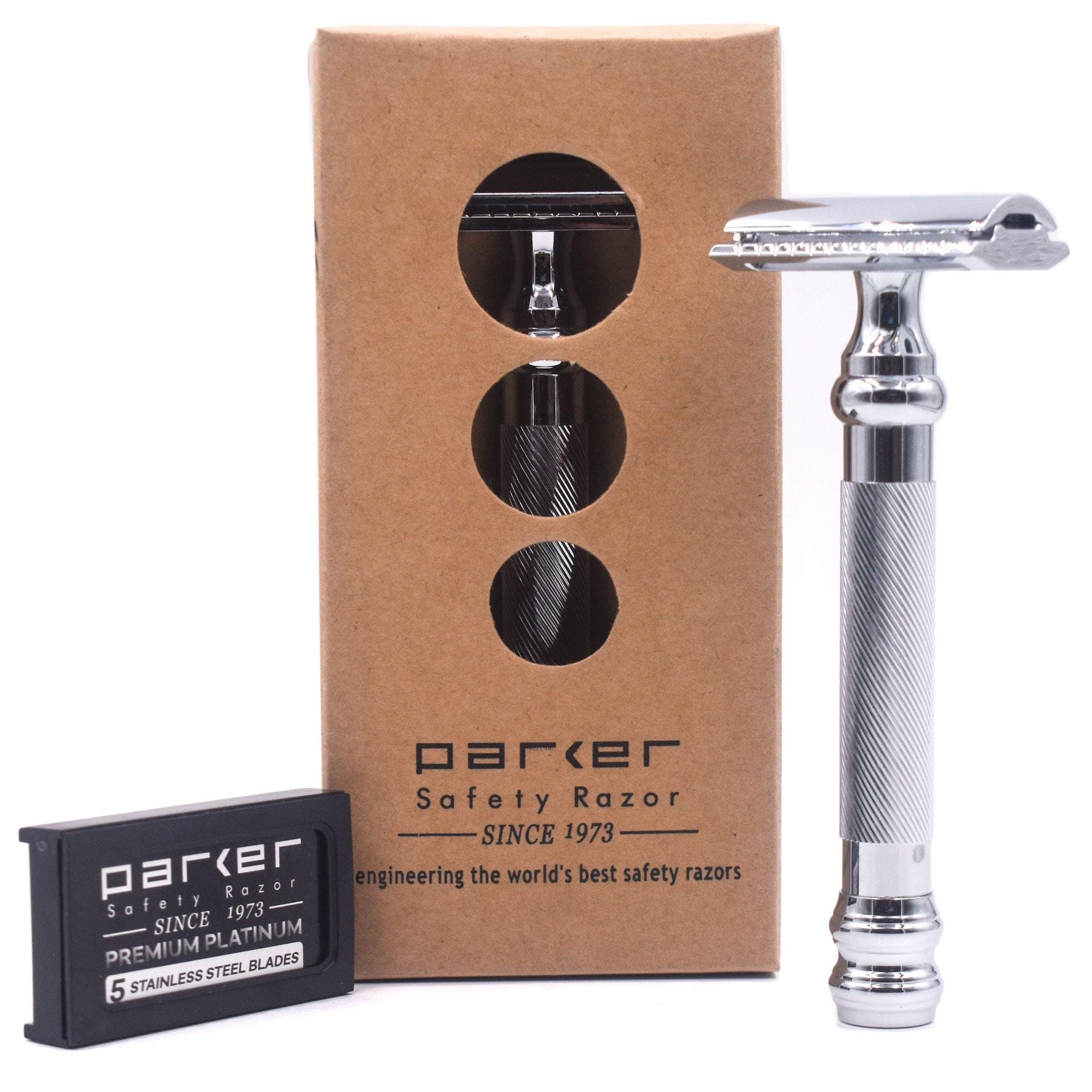 Parker 98R Heavyweight 3-Piece Double Edge Safety Razor – Long Handle, Closed...