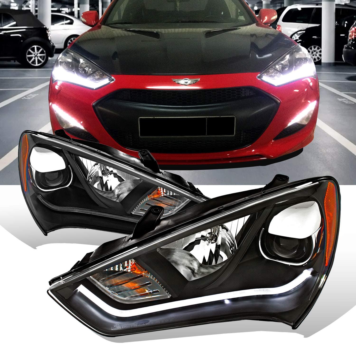 Black Projector Plank LED Style Headlights for 13-15 Hyundai Genesis HID Model Coupe - Passenger and Driver Side