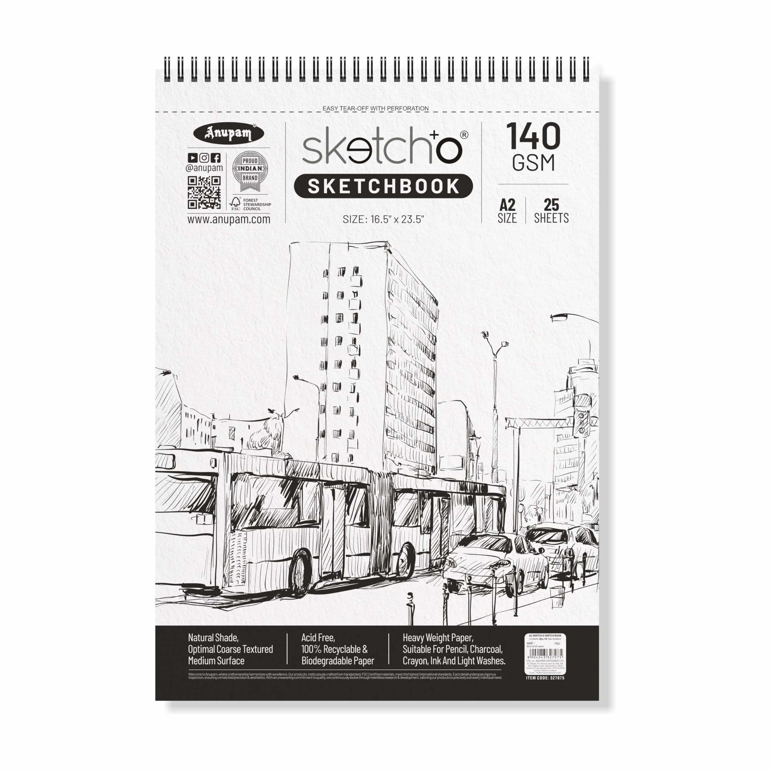 Anupam Sketch-O Sketchbook A2 | 25 Sheets 140GSM | Durable Acid Free Drawing Paper | Top Spiral-Bound Sketchpad for Artists, Kids & Professionals for Marker Colored Pencil Charcoal Pastels