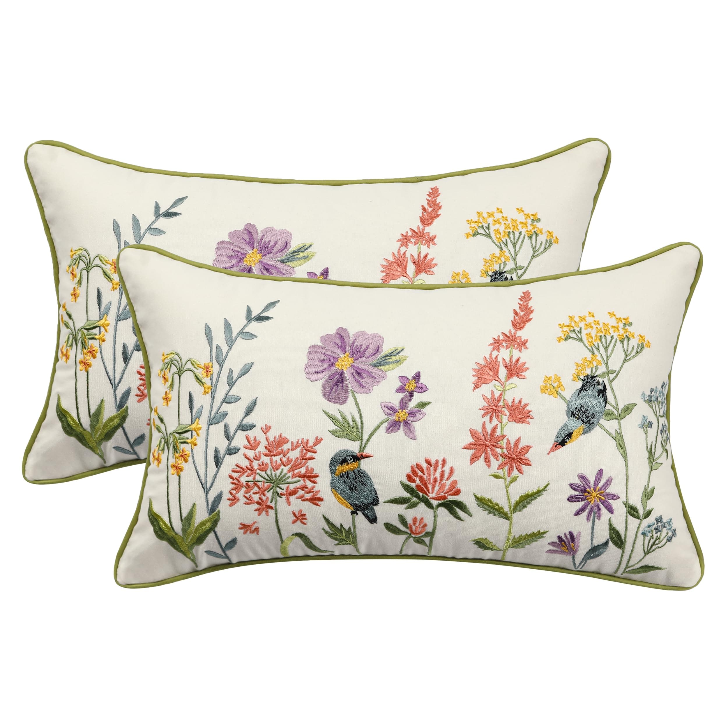 Embroidered Throw Pillow Covers 12 x 20 inch Pack of 2 Vintage Birds with Flowers Farmhouse Pillow Cushion Cases Decorative Pillowcases Home Decor Square Floral Pillow Case