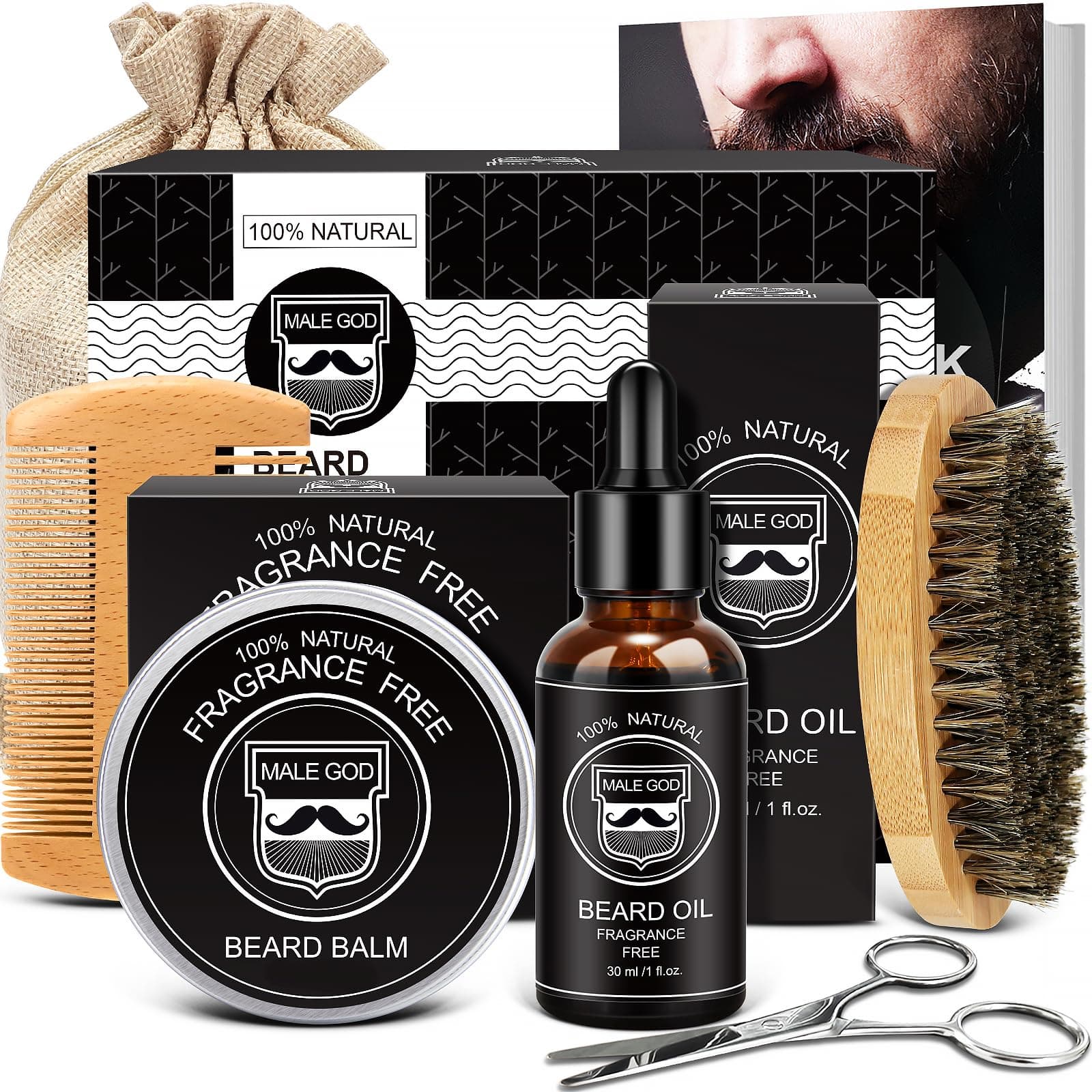 MALE GOD Beard Kit w/Natural Ingredients Beard Oil & Balm, Men's Care & Grooming Set w/Beard Brush & Comb, Anniversary | Birthday Gifts for Men, Him, Husband, Boyfriend, Dad