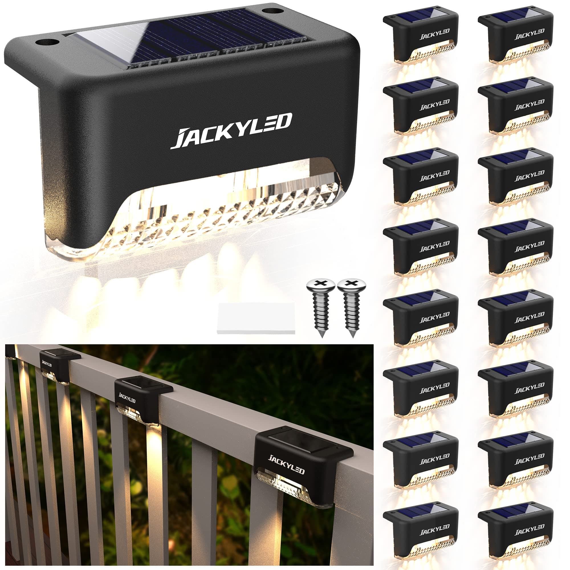 JACKYLED 16 Pack, Step Lights Waterproof LED Solar Power Outdoor Fence Light ...