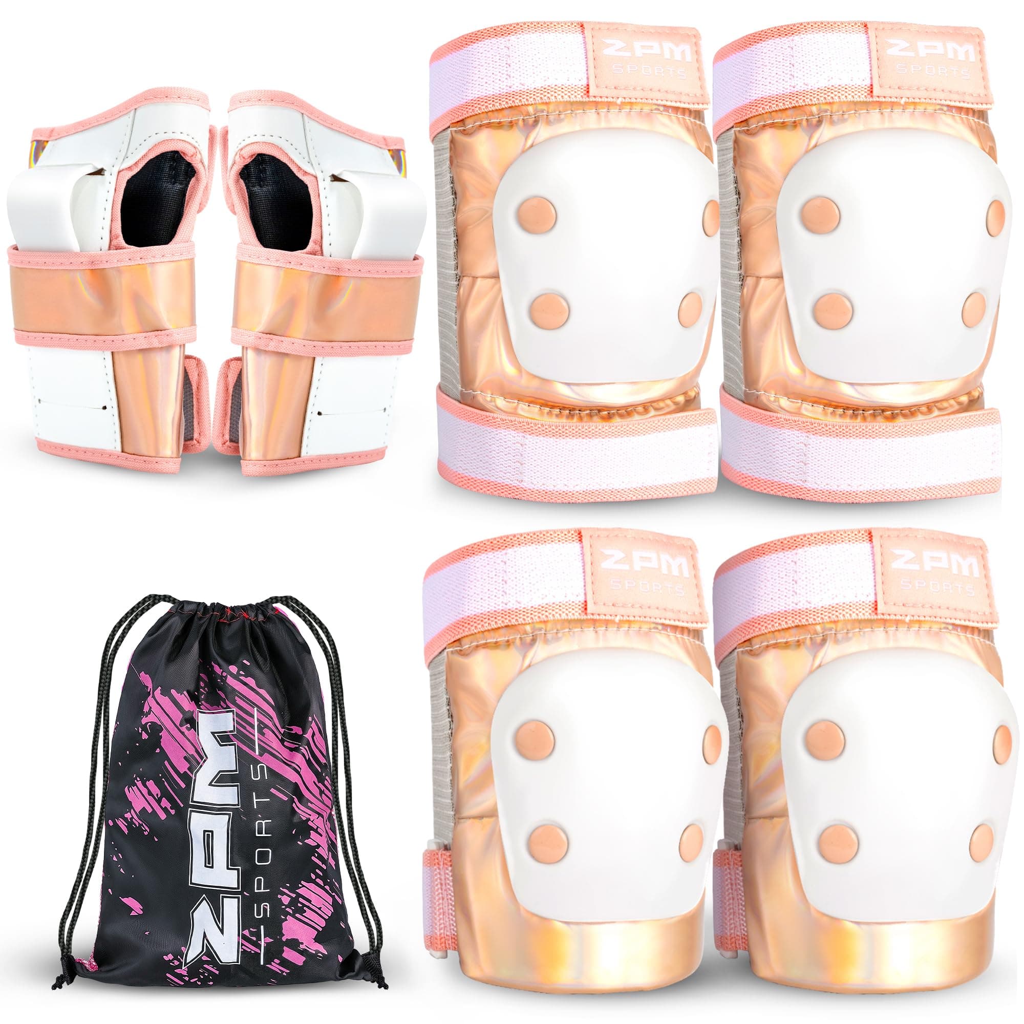 2PM SPORTS Knee Pads for Women, Wrist Guards Knee and Elbow Pads Set with Drawstring Bag, Protective Gear Set for Girls Kids Roller Skating Skateboard